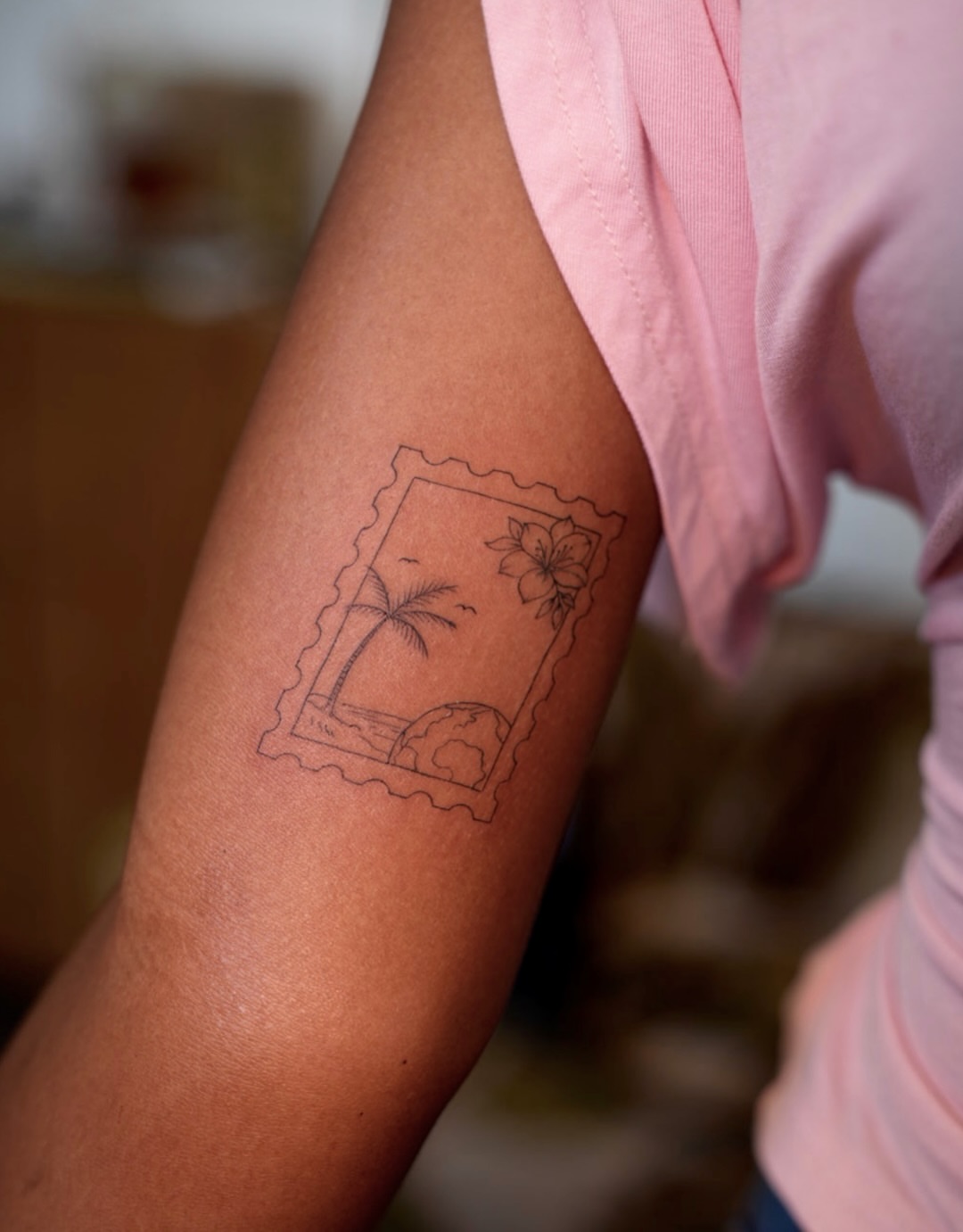 Postage stamp minimalist tattoo on the forearm by 🤍 Sarah 🖤