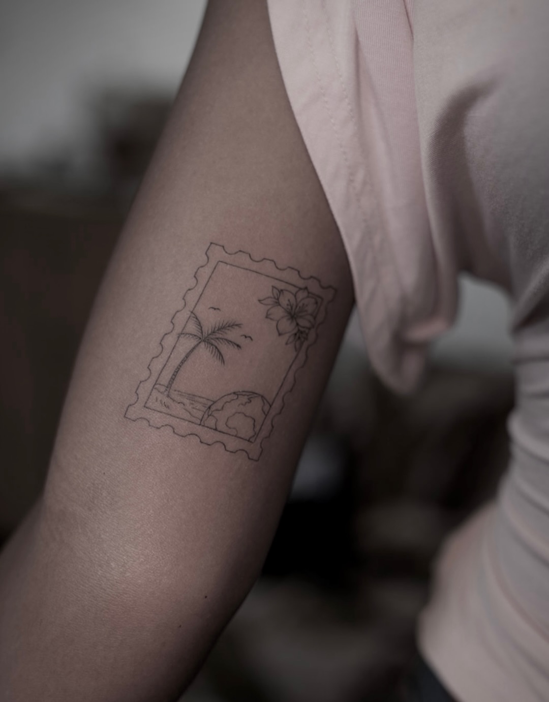 Postcard minimalist tattoo on the forearm by 🤍 Sarah 🖤