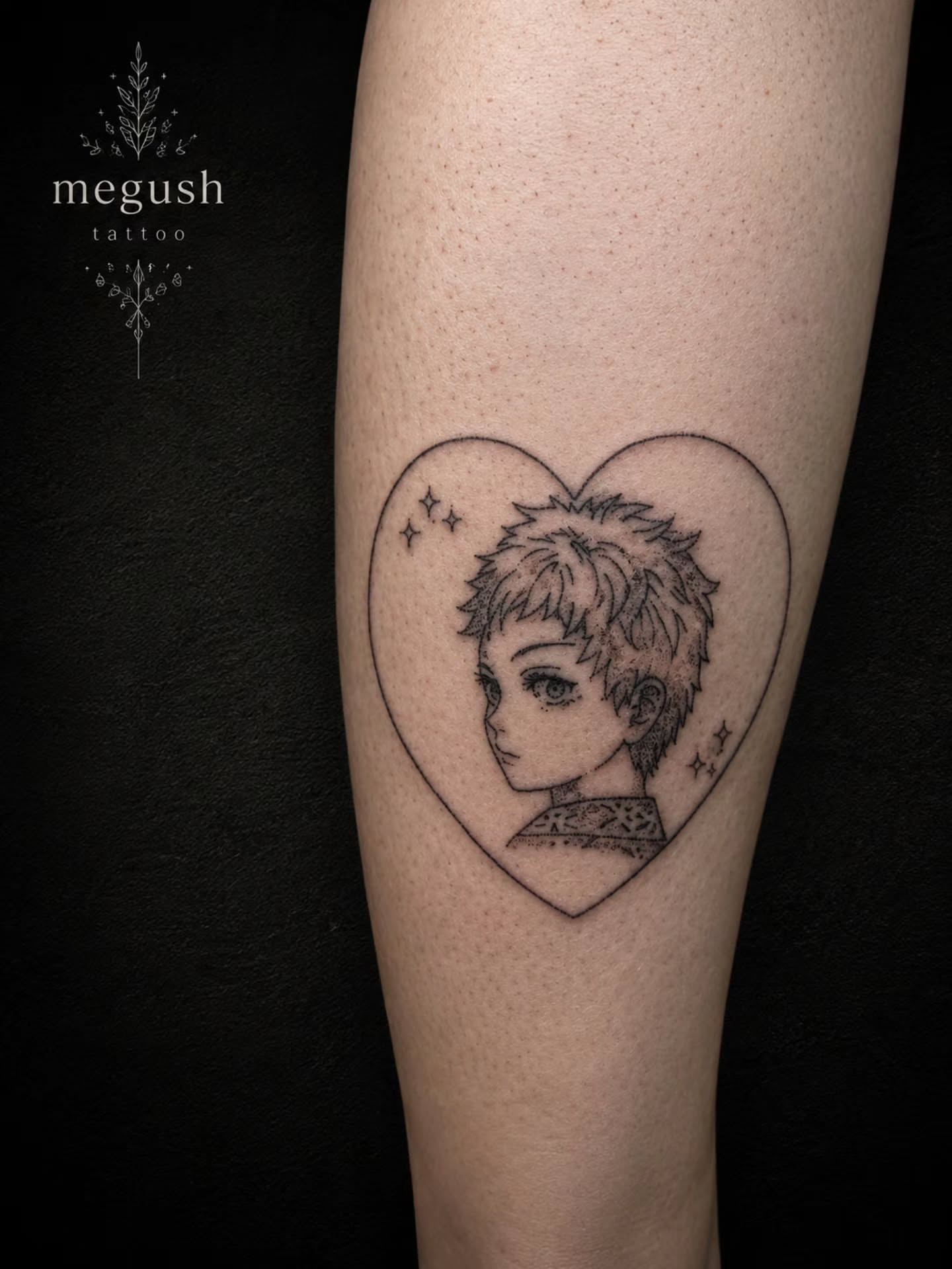 Tattoo by @megushtattoo — anime, black_and_grey
