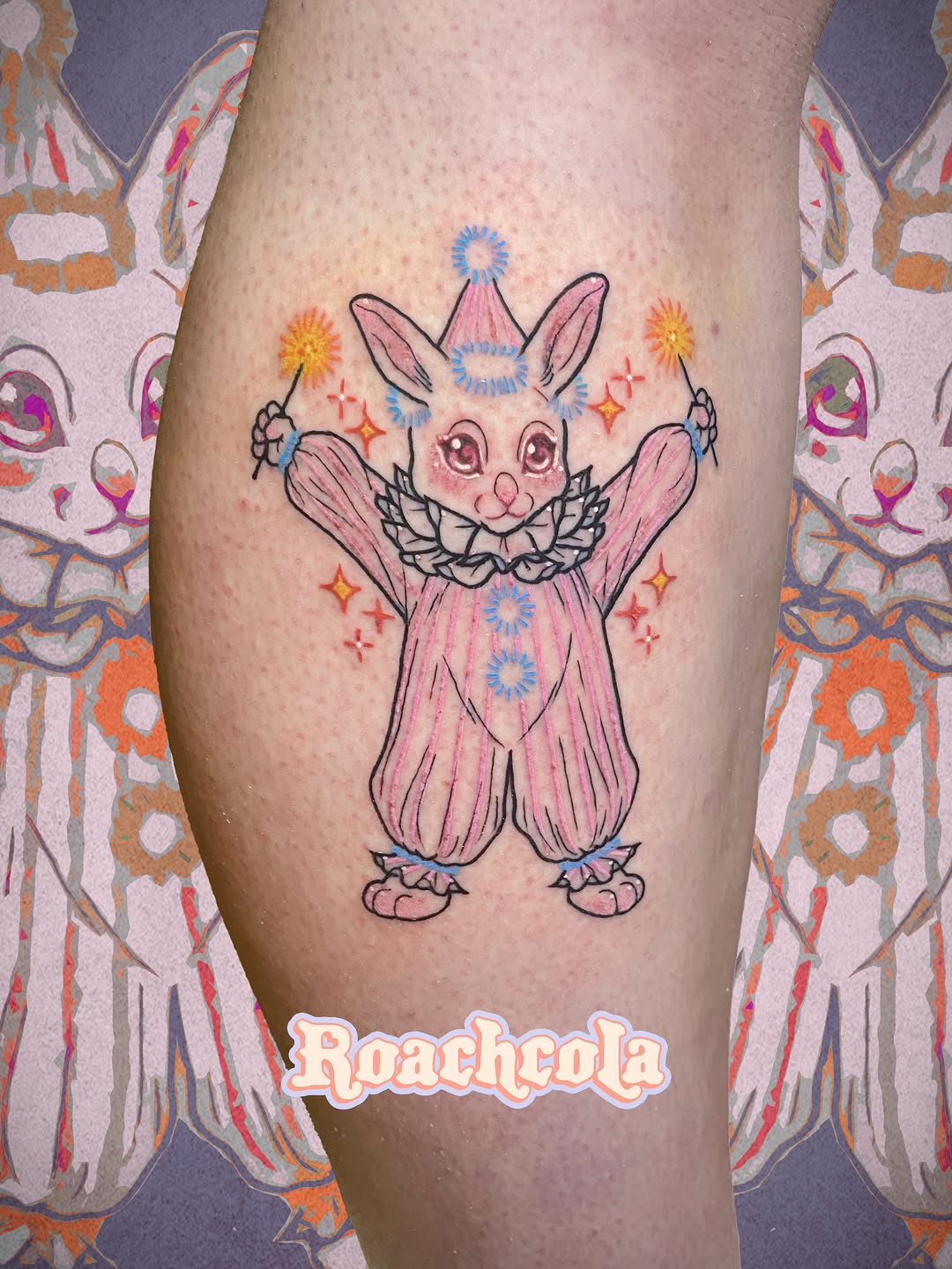 Clown bunny with sparklers tattoo on the thigh by My Friends Call Me Roach