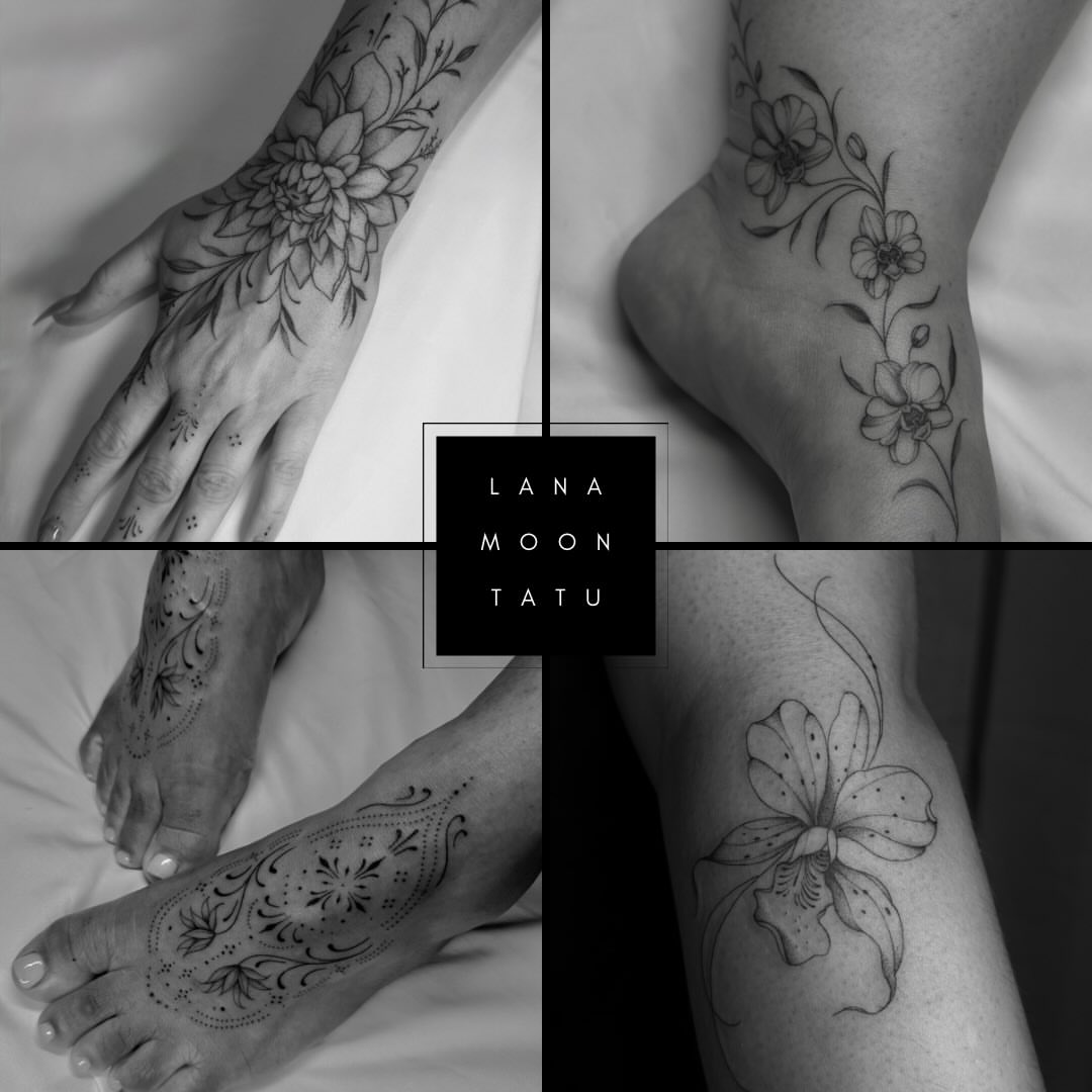 Floral designs black and grey tattoo on the foot by ꕥ LANA MOON TATU ꕥ