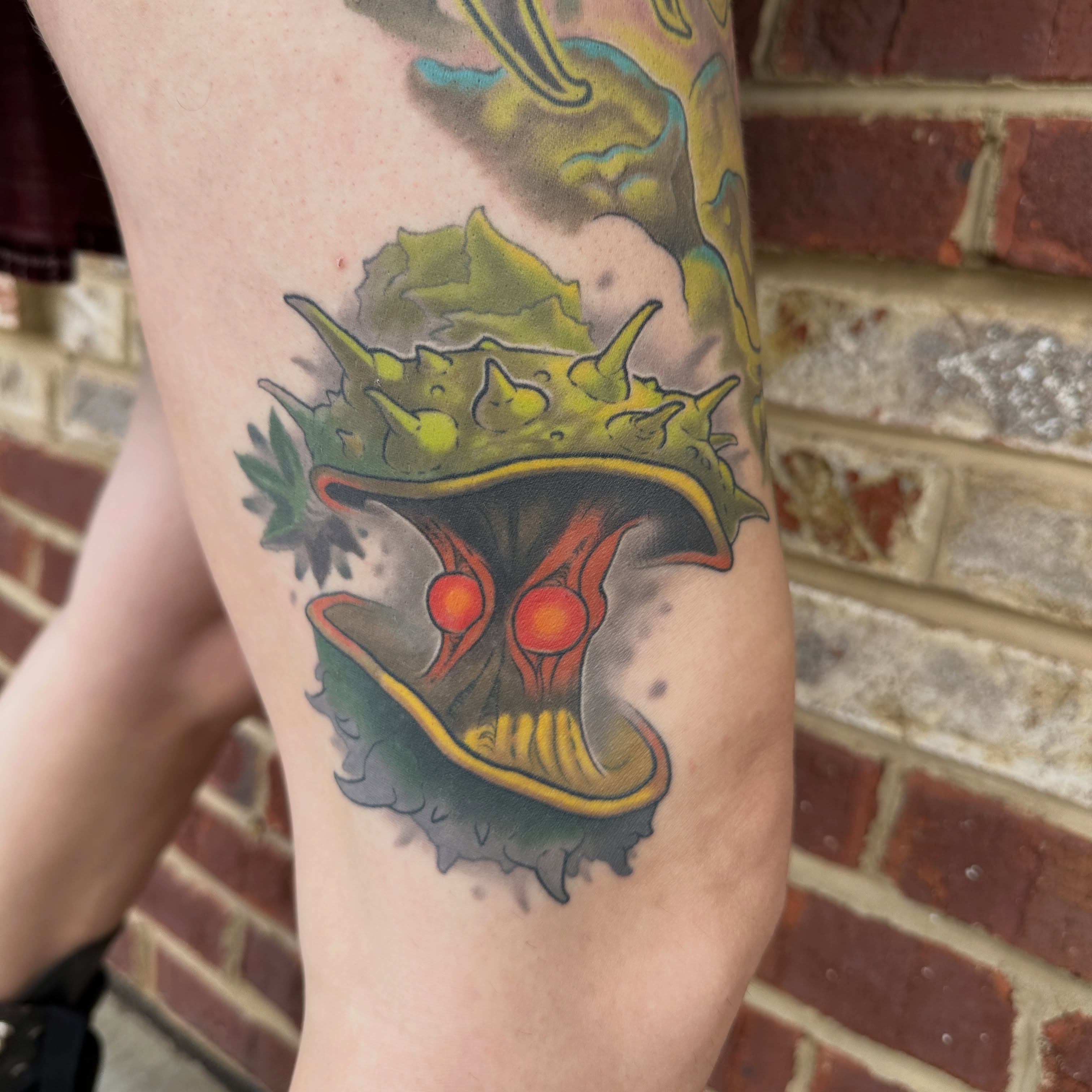 Mask American traditional tattoo on the forearm by Skylar Mangrum