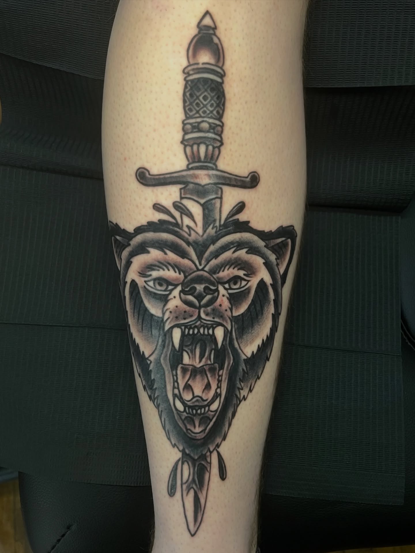 Bear head with dagger American traditional tattoo on the forearm by Andrew Snowden
