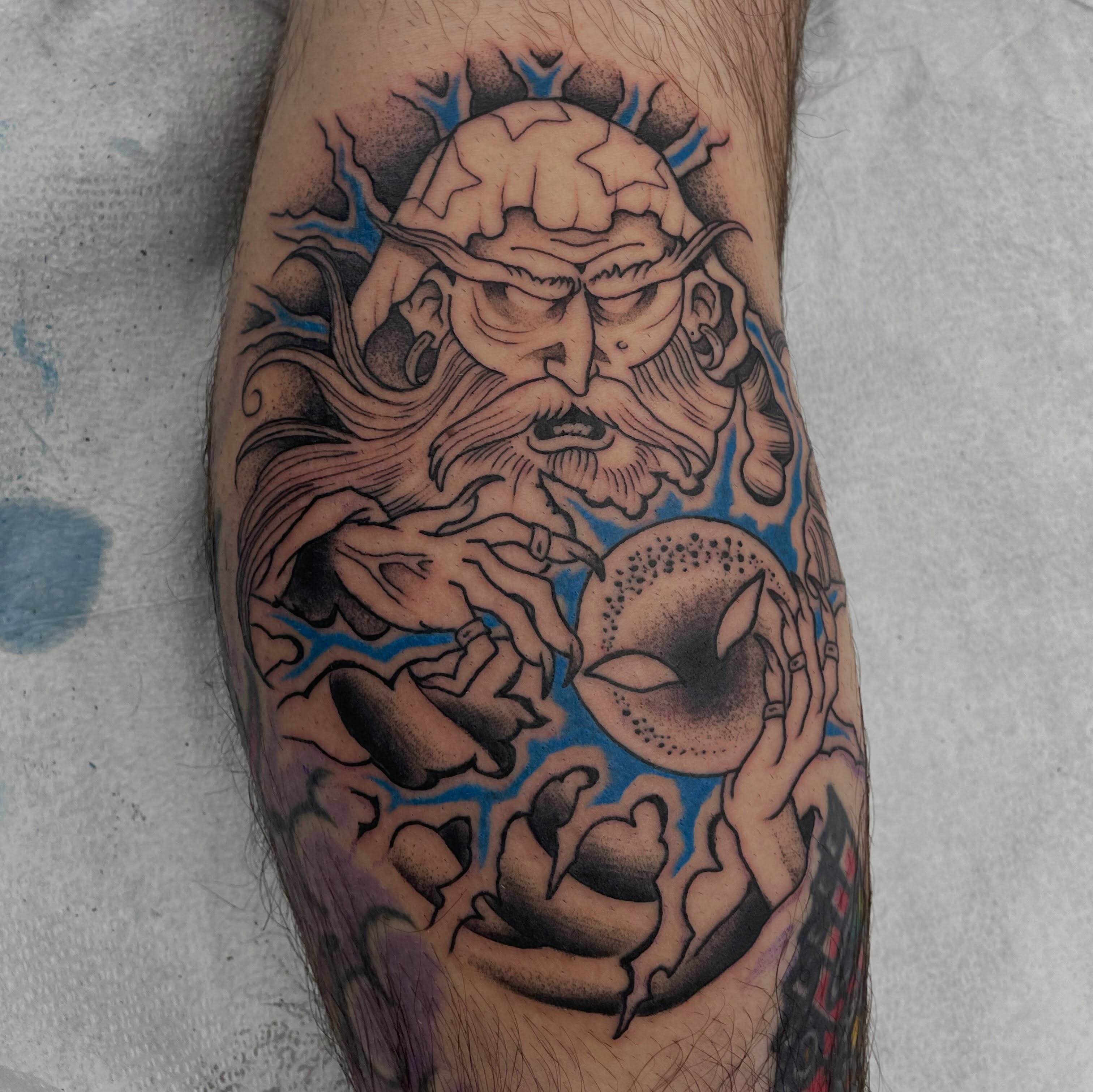Bearded man dotwork tattoo on the forearm by Fionna Fanning