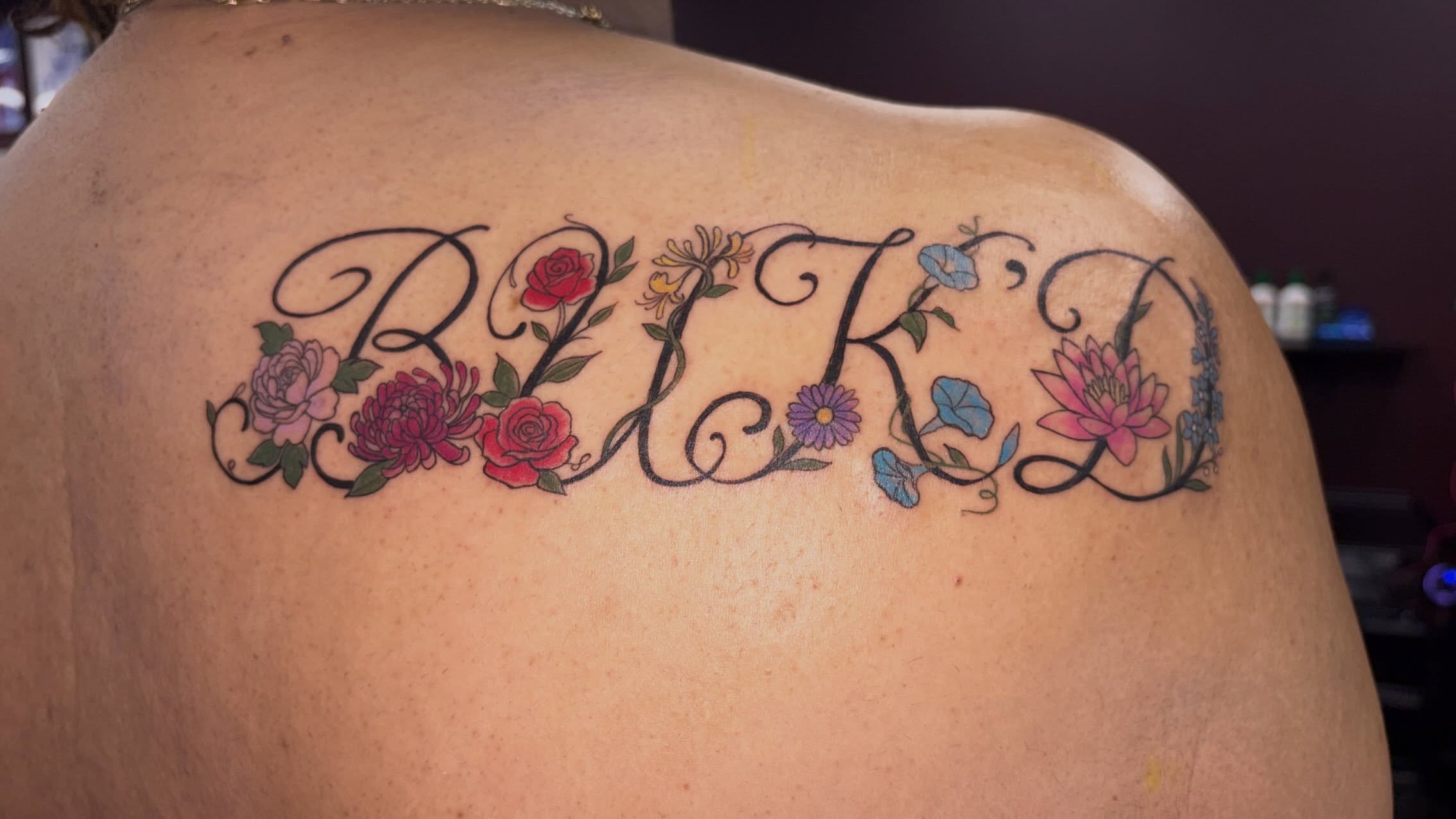 Script lettering lettering script tattoo on the shoulder by Kells