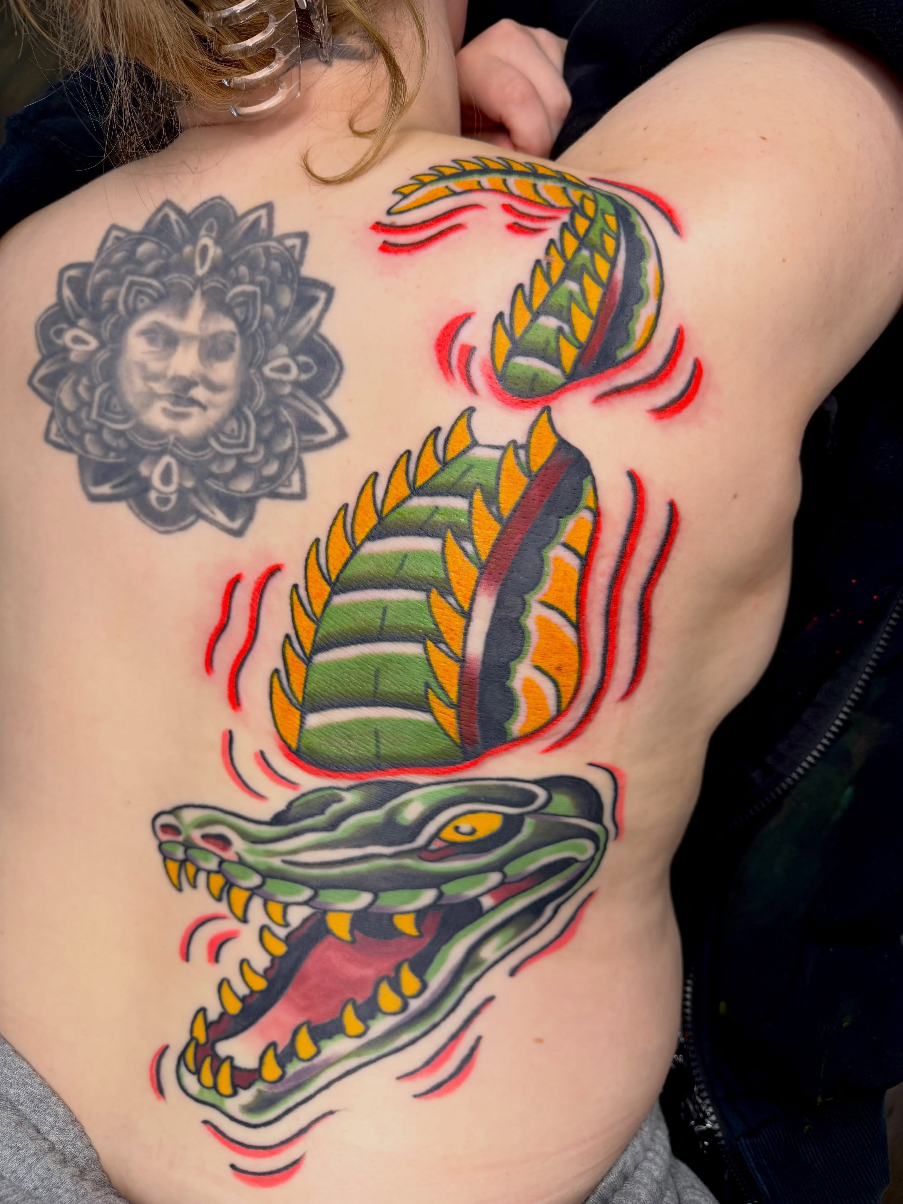 Crocodile and dragon American traditional tattoo on the back by Brandon McDaniel Iowa Tattoo Artist
