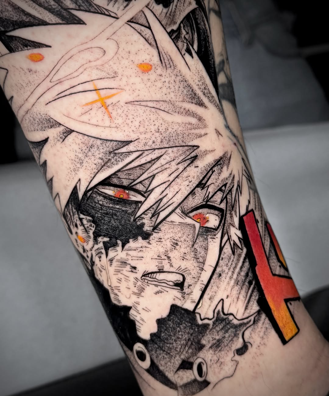 Anime character dotwork tattoo on the forearm by Stiven Gomez