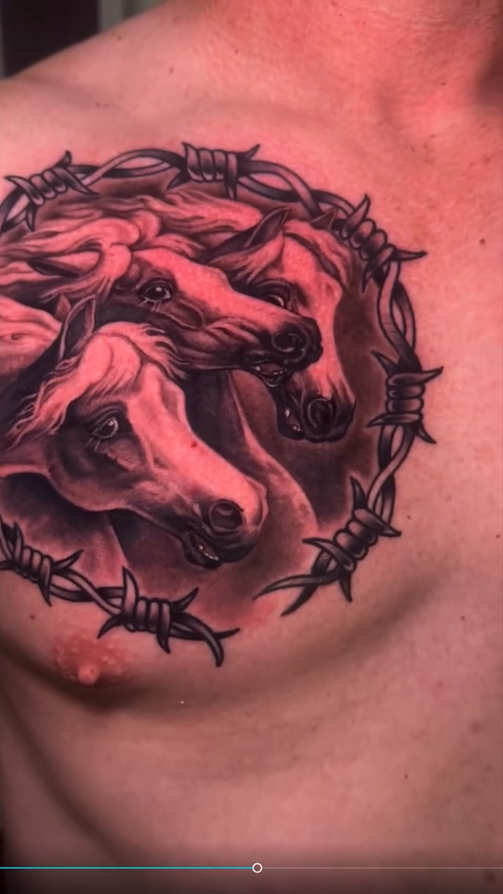 Horses and barbed wire realism tattoo by Abel Deida