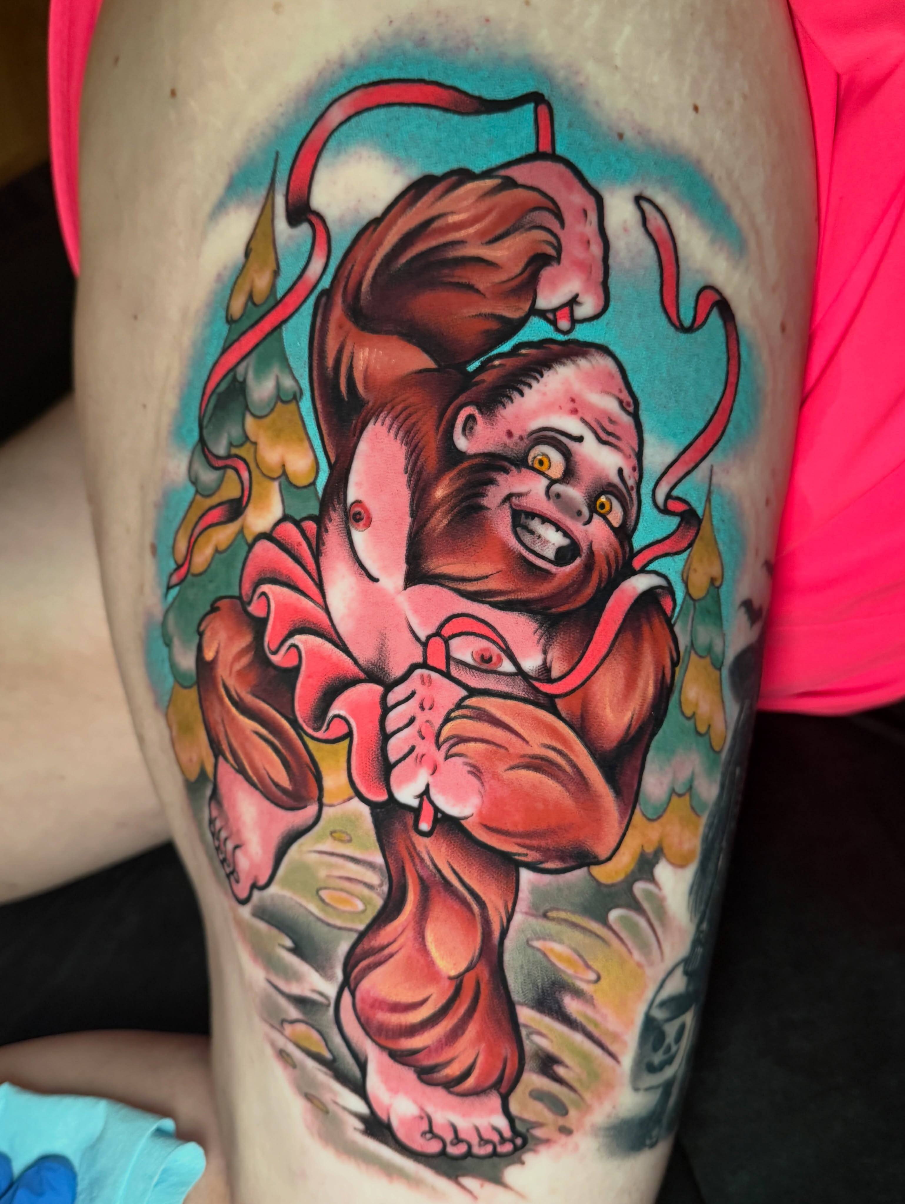 Monkey American traditional tattoo on the thigh by JoshUA Bowers, Des Moines, Iowa