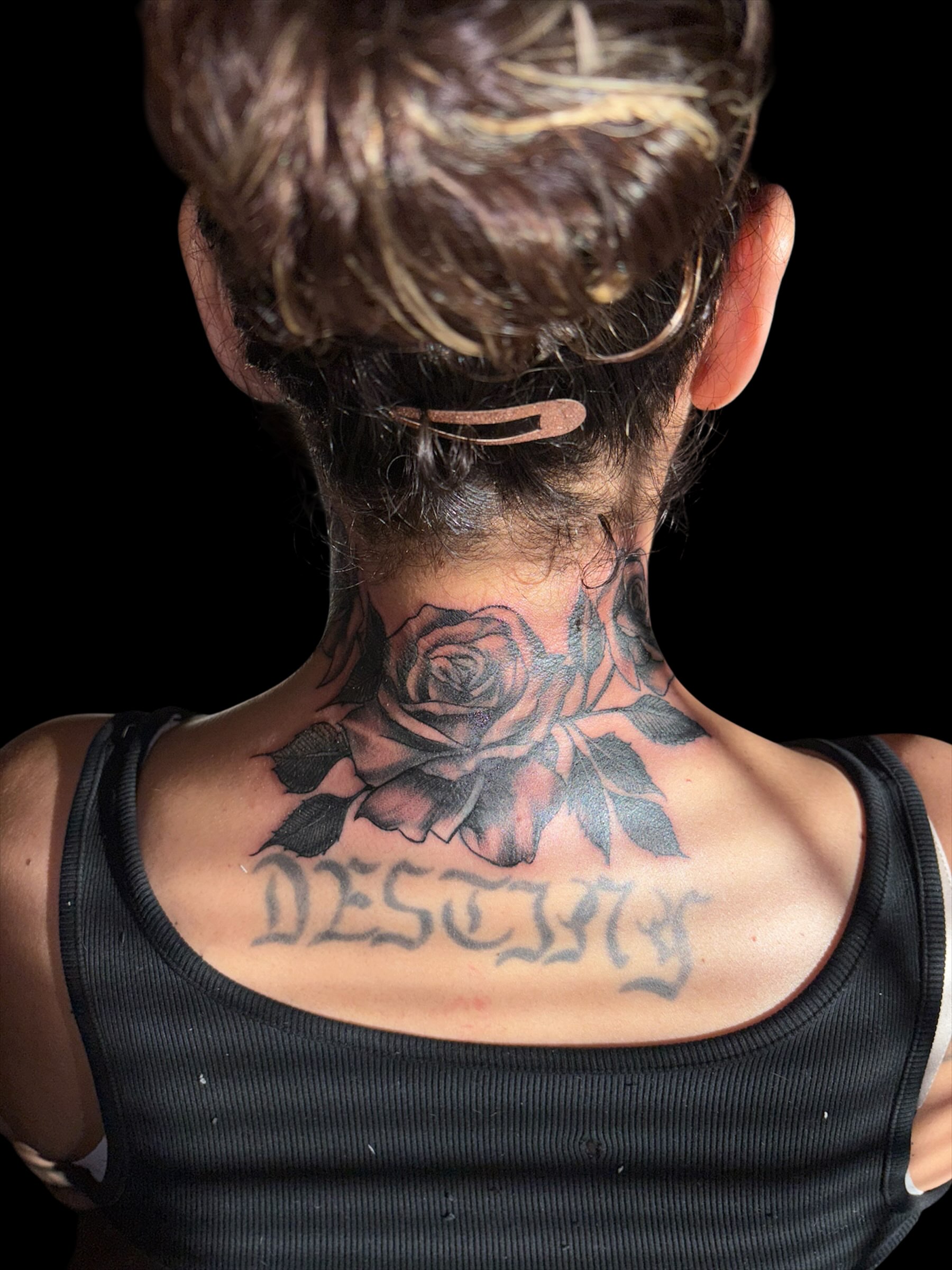 Rose black and grey tattoo on the neck by Tattoomobile