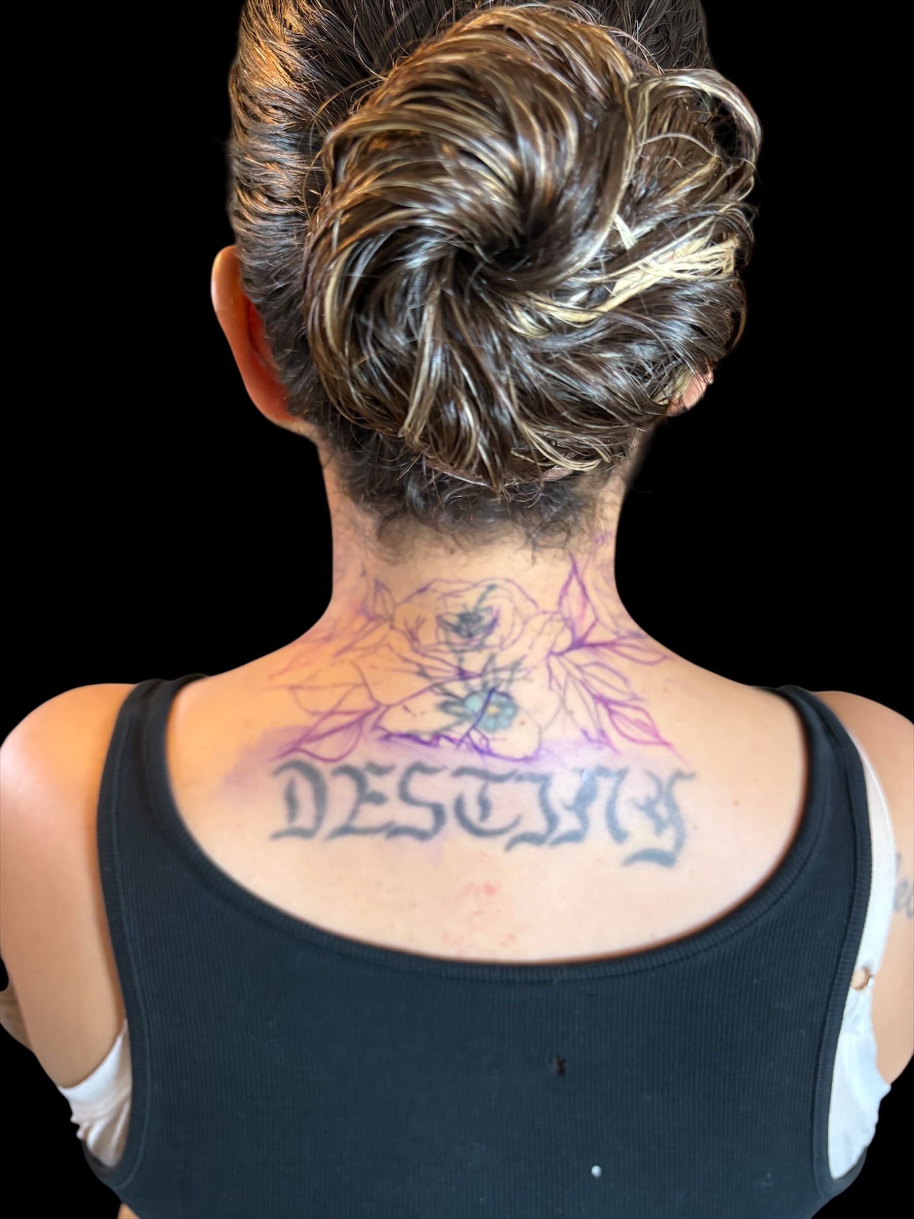 Destiny lettering script tattoo on the back by Tattoomobile
