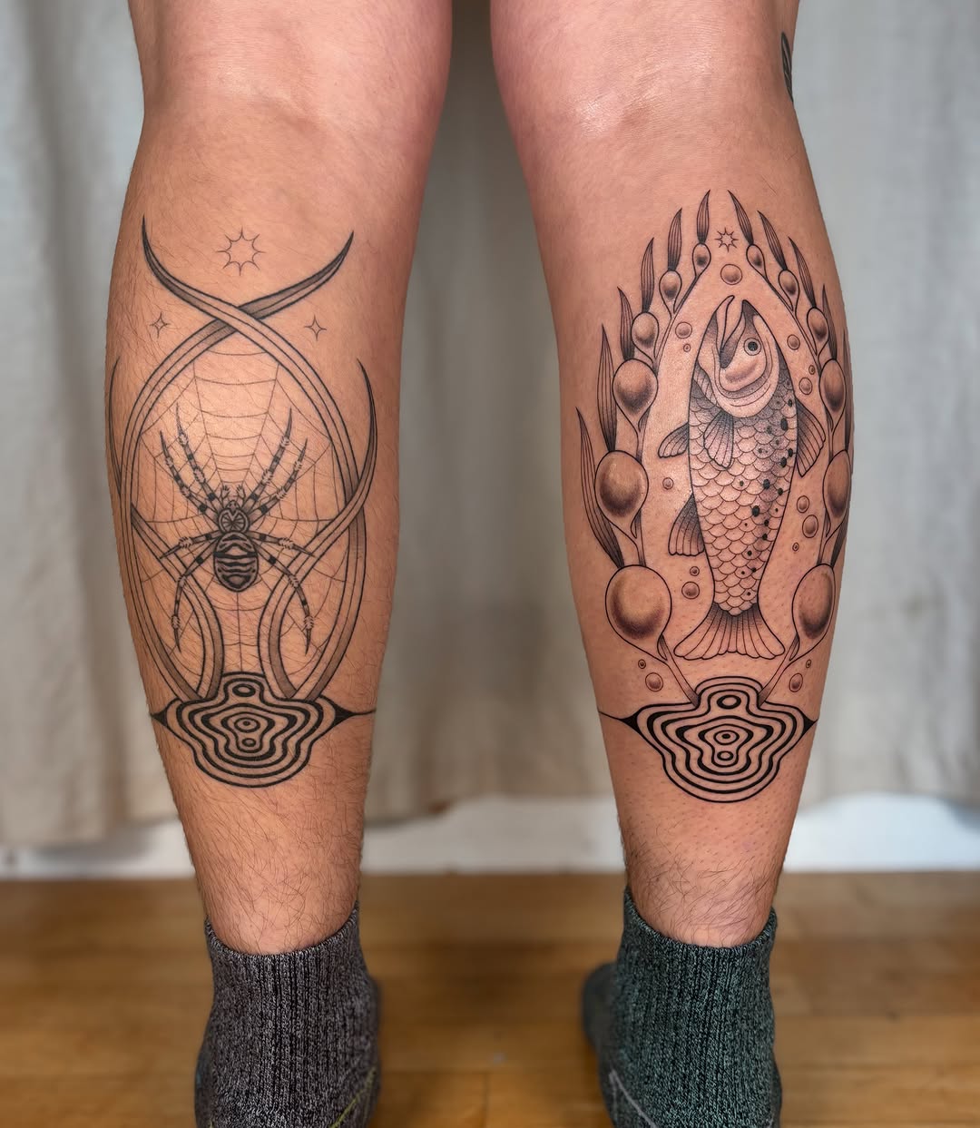 Spider web and fish geometric tattoo on the calf by Anna Sage