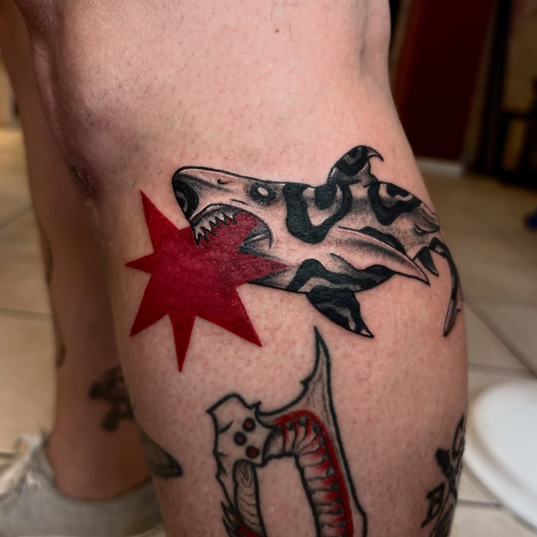 Shark with star American traditional tattoo on the thigh by ππ©π’π΅ππ«π‘π―π ππ¬π«π’π°