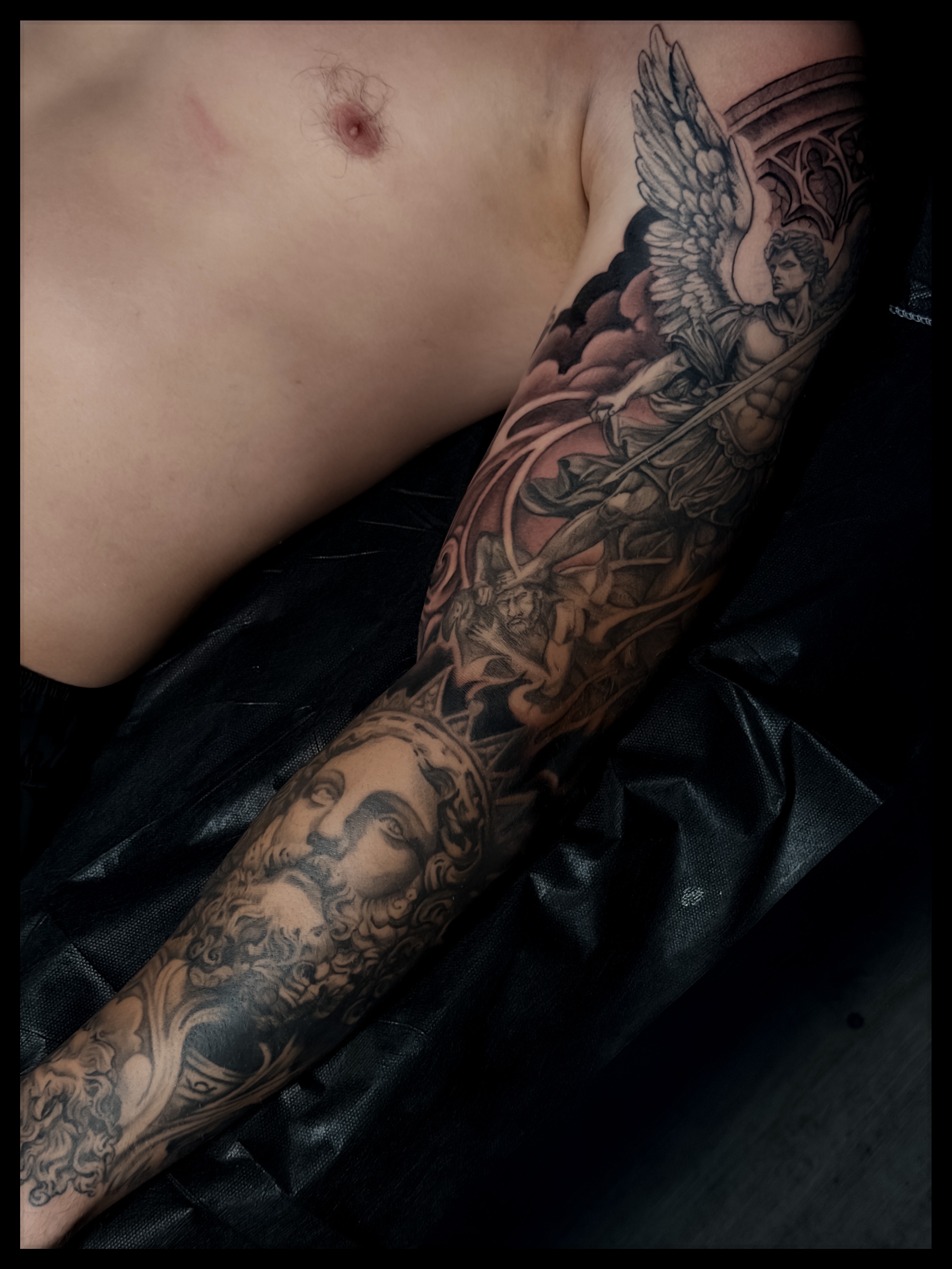 Mythological figures realism tattoo on the forearm by Noah Morris