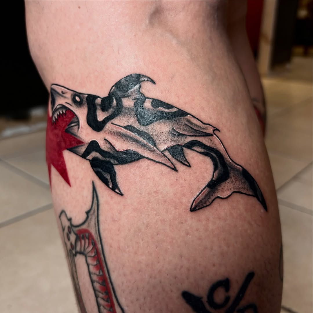 Shark black and grey tattoo on the thigh by ππ©π’π΅ππ«π‘π―π ππ¬π«π’π°