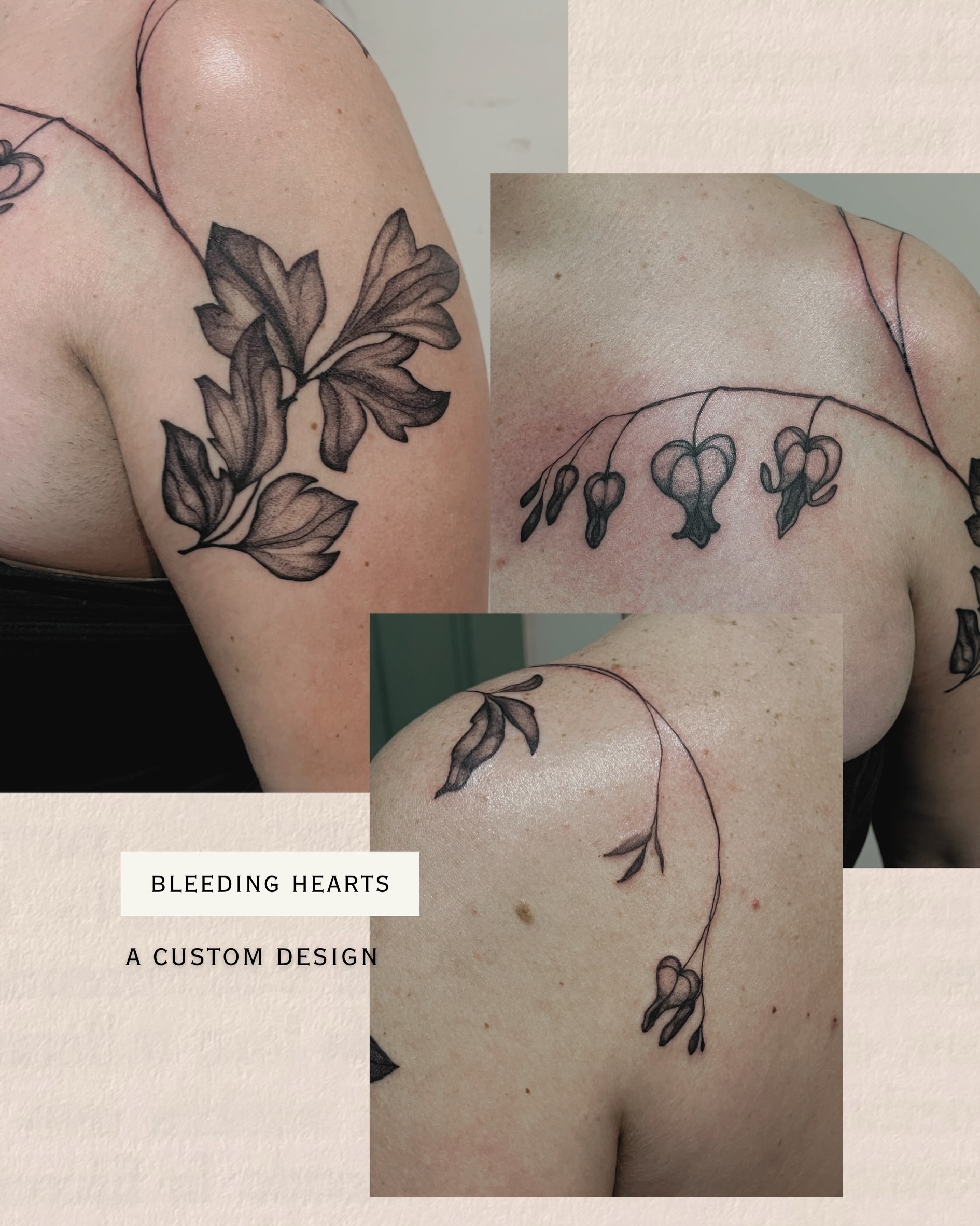 Bleeding hearts black and grey tattoo on the shoulder by Amy