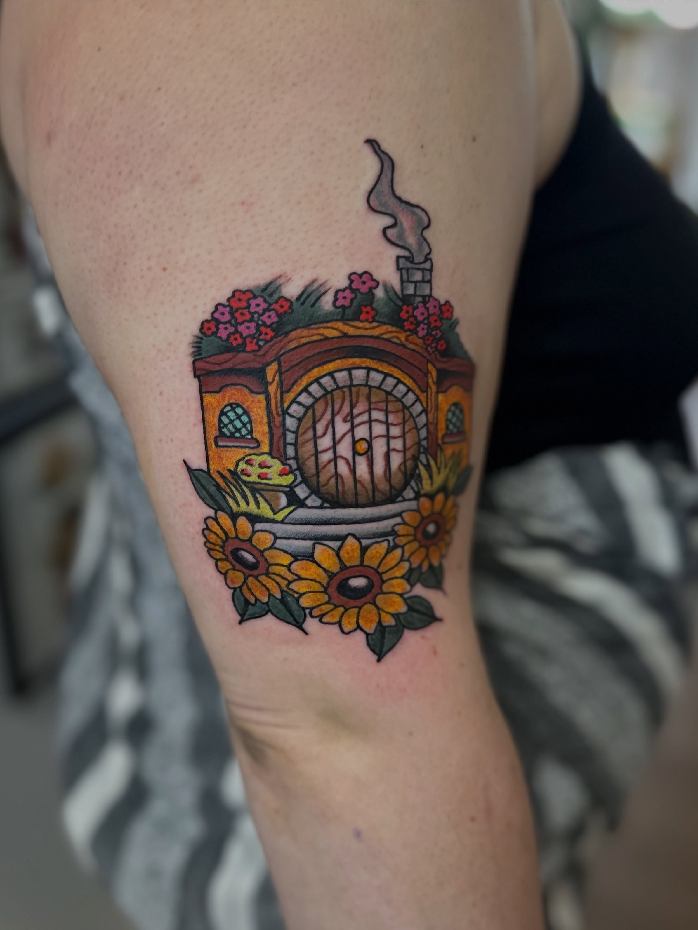 Hobbit house American traditional tattoo on the forearm by Nick Weaver aka gibby sometimes gilbert