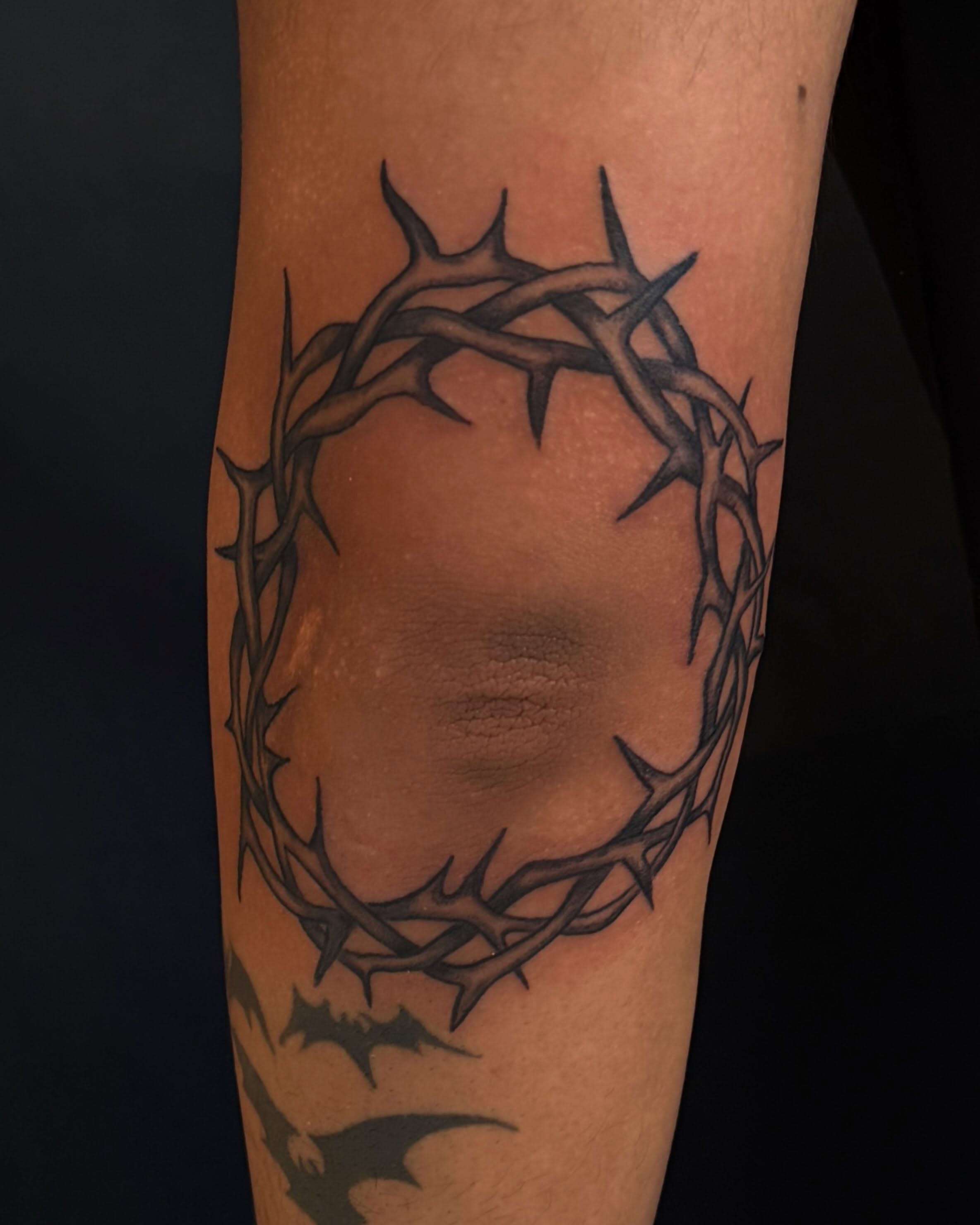 Crown of thorns black and grey tattoo on the forearm by Kevin, Las Vegas, Nevada