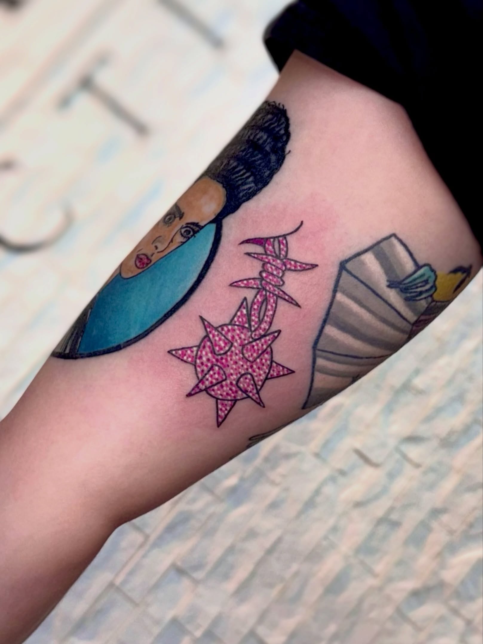 Woman smoking dotwork tattoo on the forearm by Kyndall Lynn, Waxahachie, Texas