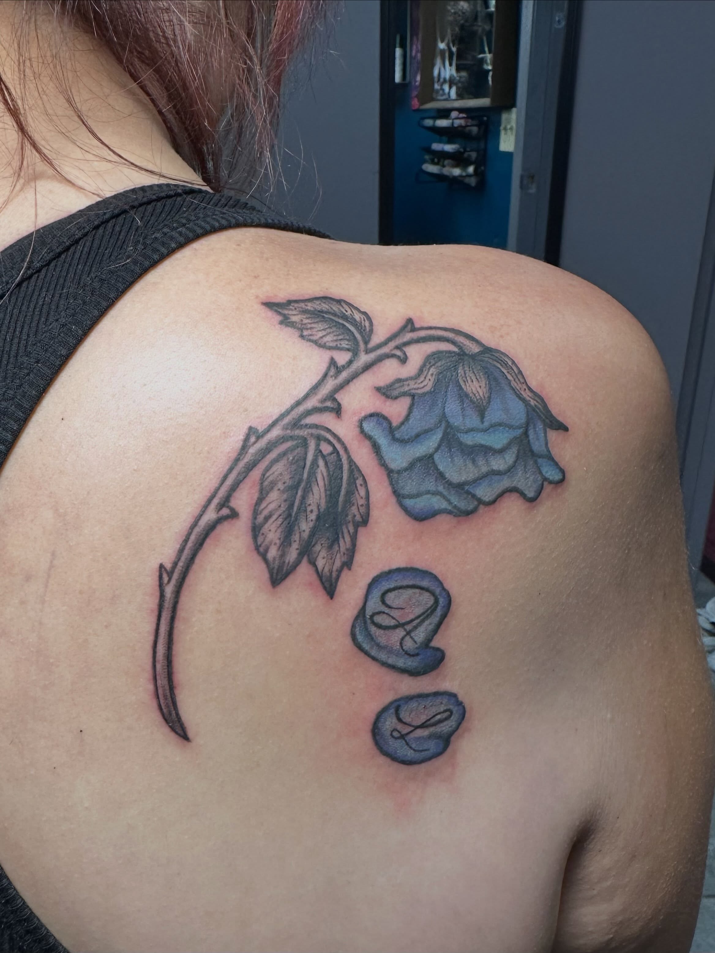 Bluebell and seed pods realism tattoo on the shoulder by Mikaila Jean