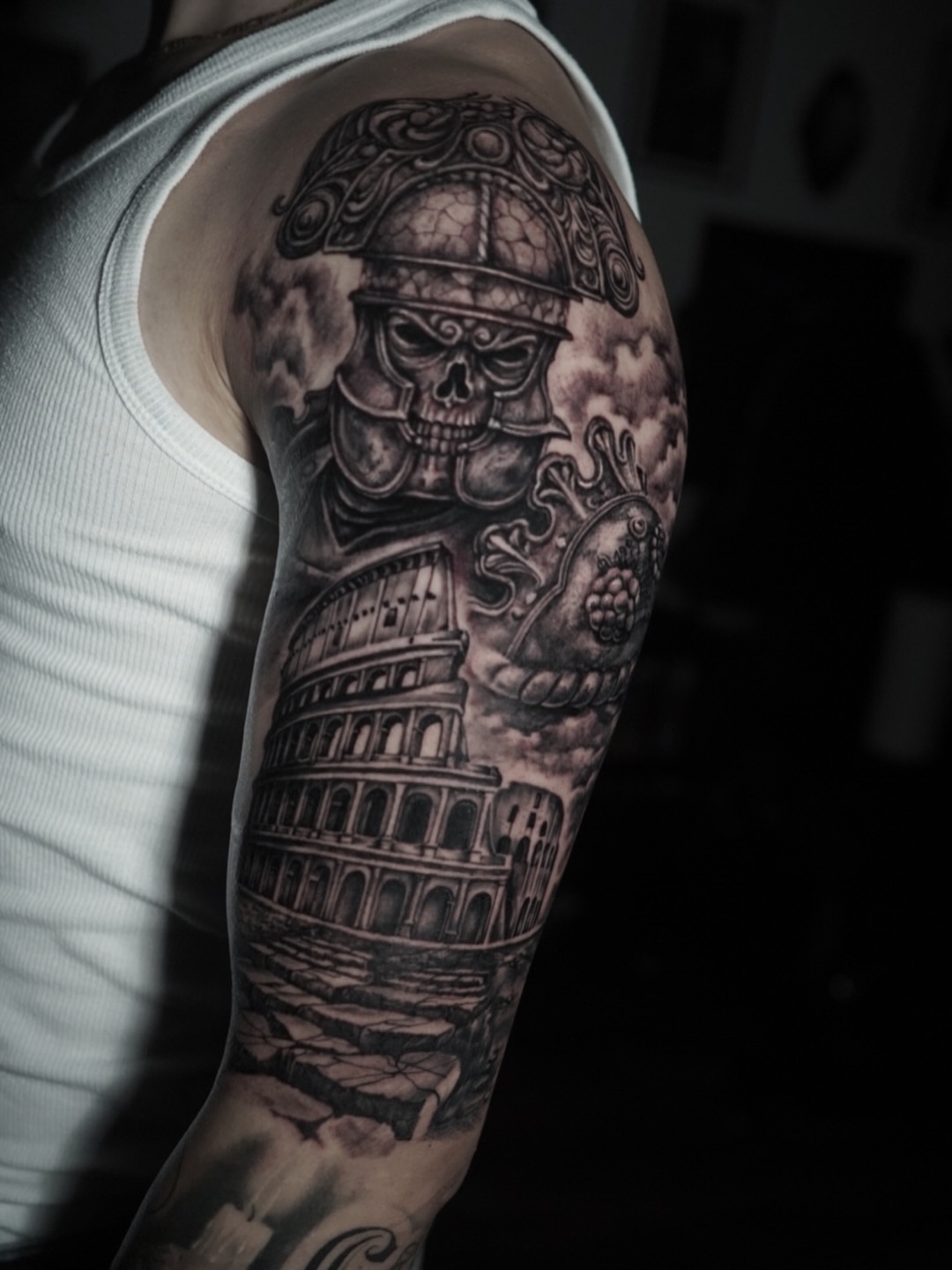 Roman soldier and colosseum realism tattoo on the forearm by Niko Hosk Cataldo