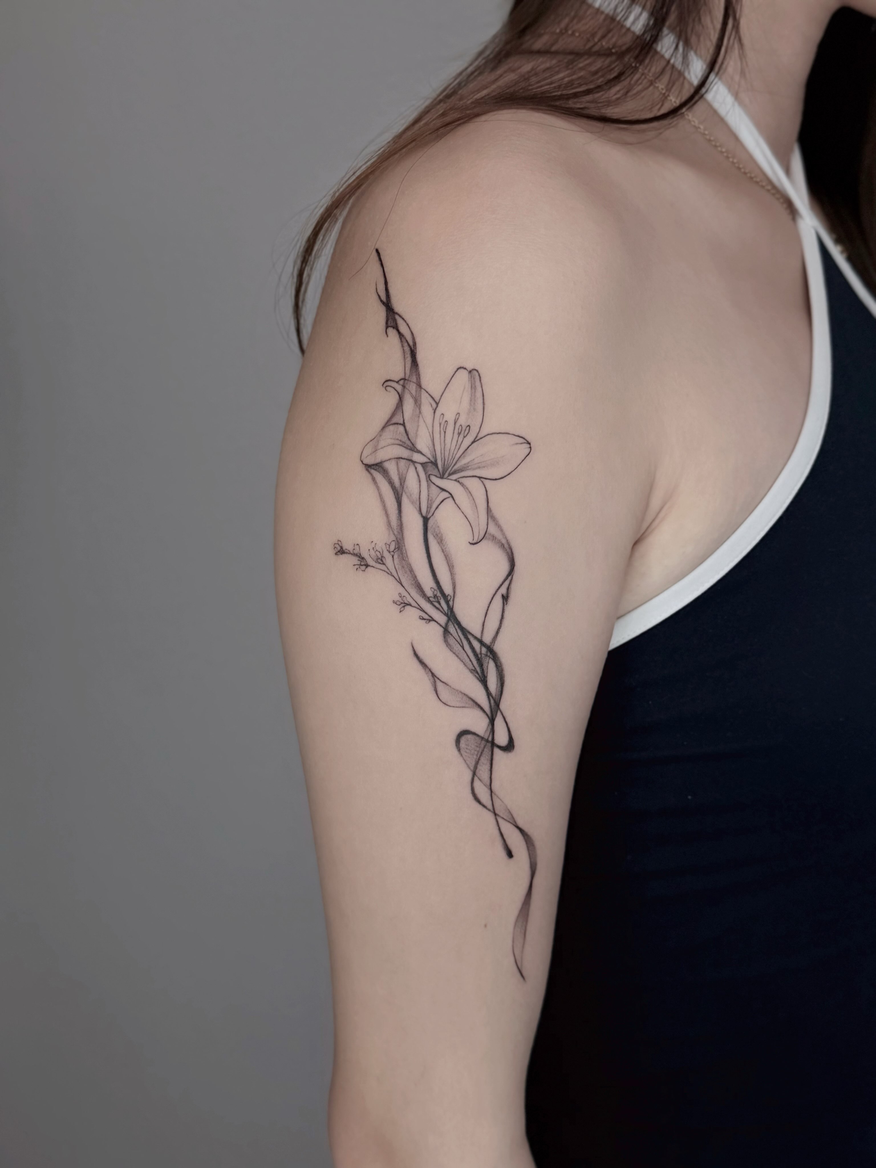 Lily black and grey tattoo on the shoulder by ๐๐๐๐ ๐๐๐๐๐๐ ๐๐๐๐๐