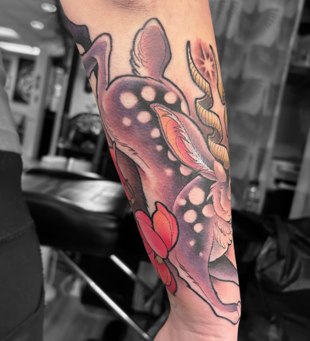 Deer and flowers dotwork tattoo on the forearm by Alex