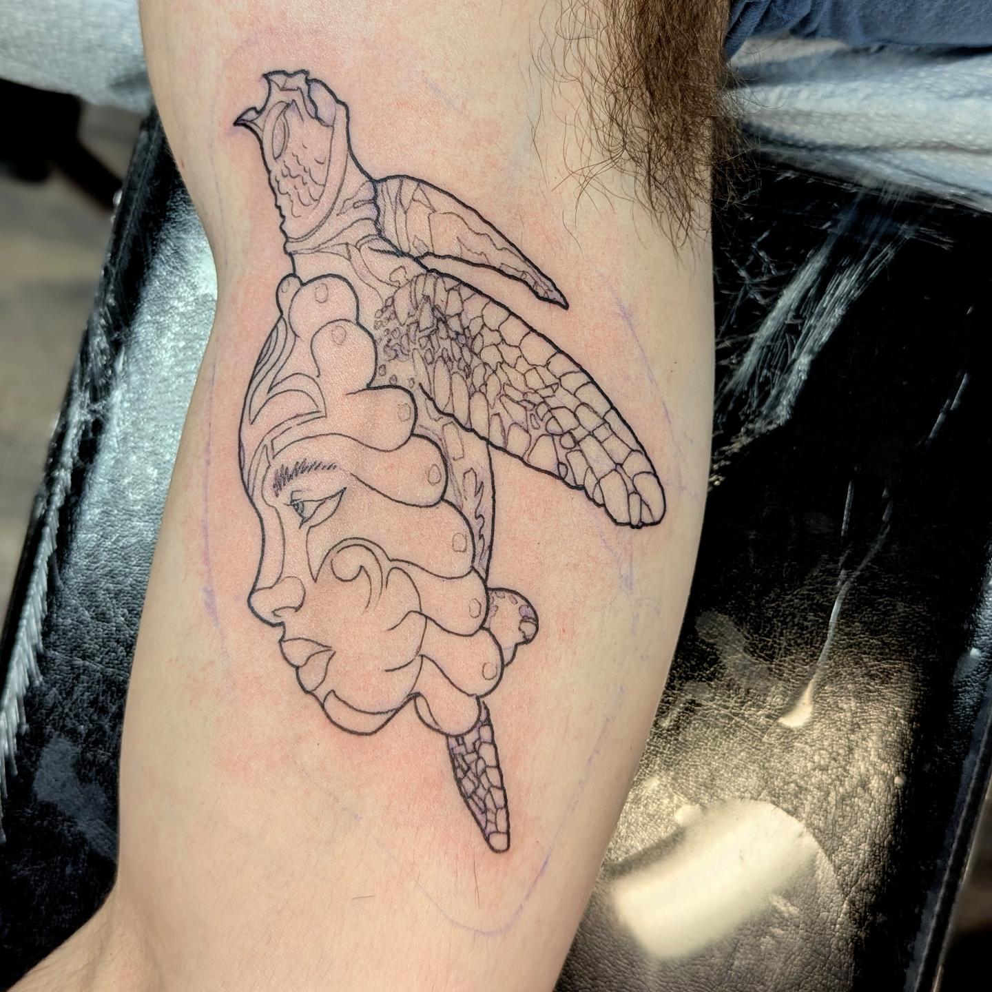 Sea turtle black and grey tattoo on the forearm by DONEL 📍Denver