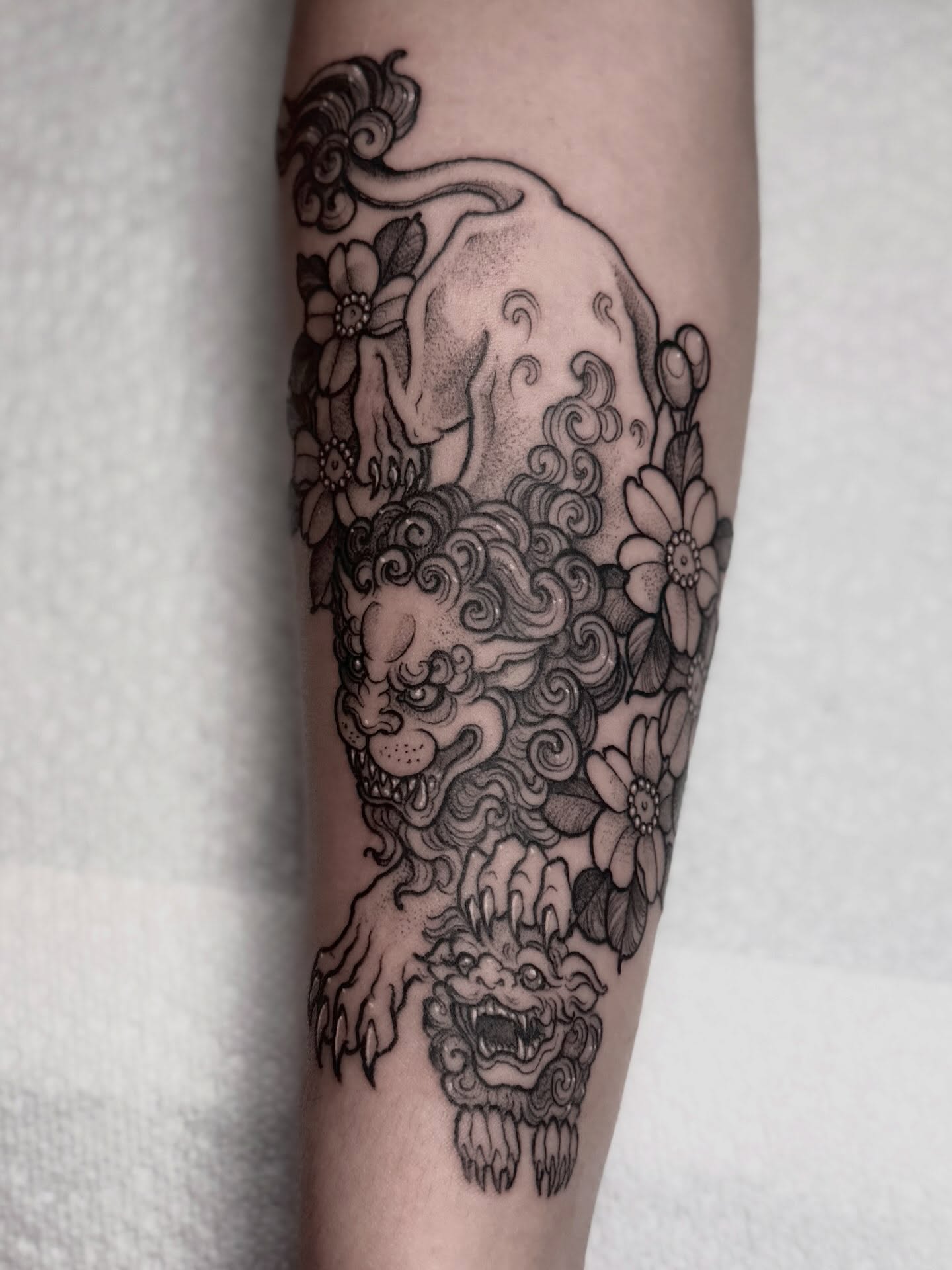 Lion and flowers dotwork tattoo on the forearm by Cincinnati