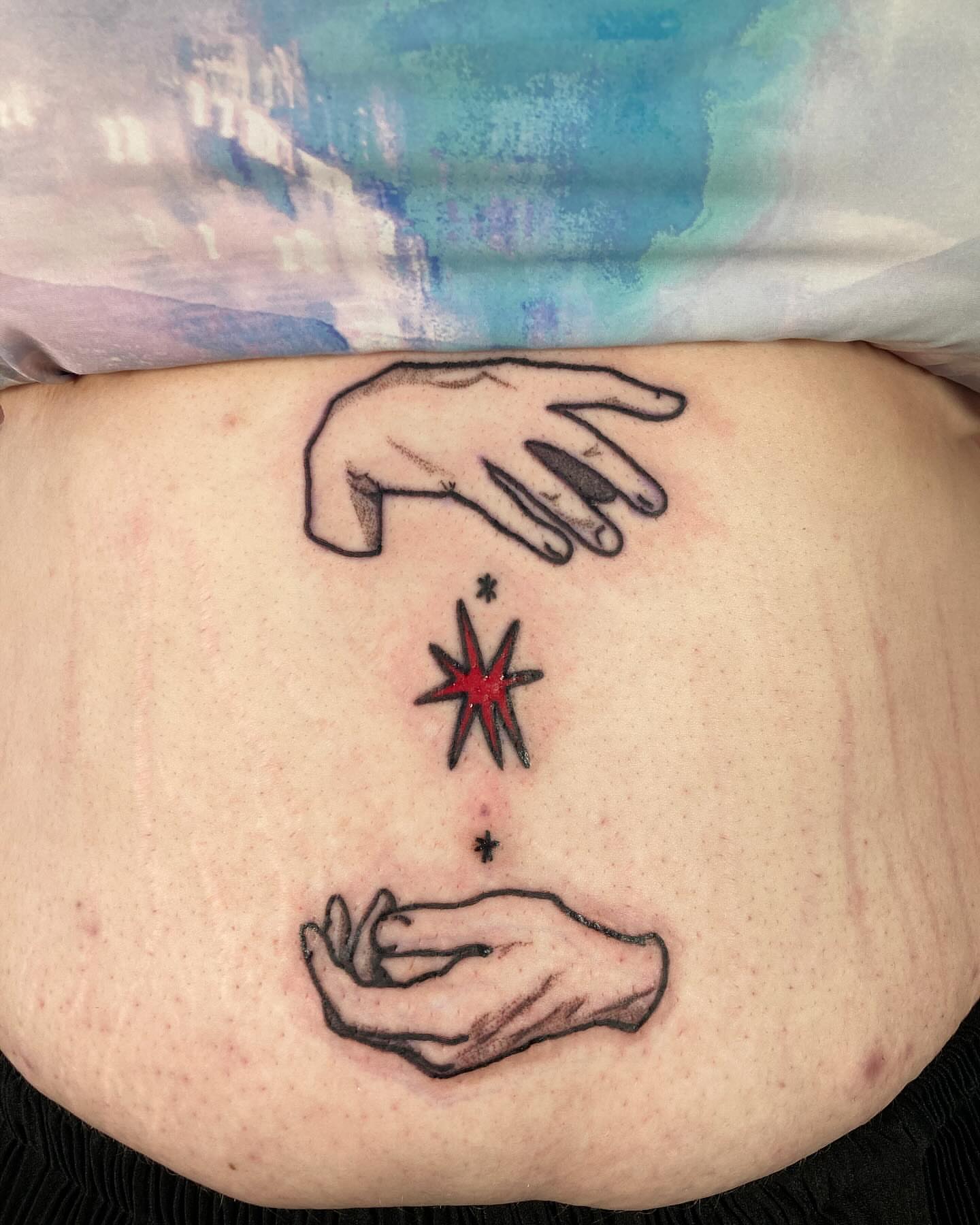 Hands and star dotwork tattoo on the torso by james <3