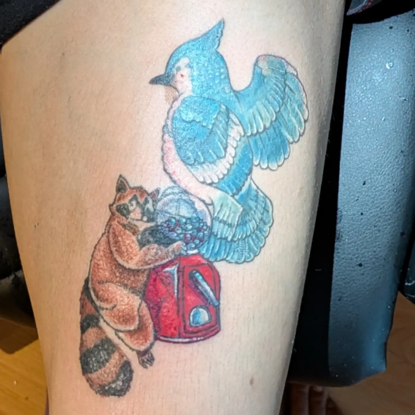 Raccoon and bird American traditional tattoo on the thigh by zion