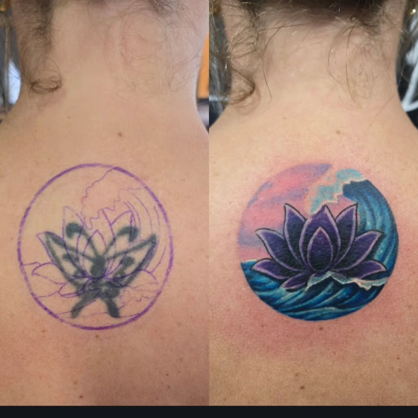 Lotus flower new school tattoo on the back by Cee Vann, Greensboro, North Carolina