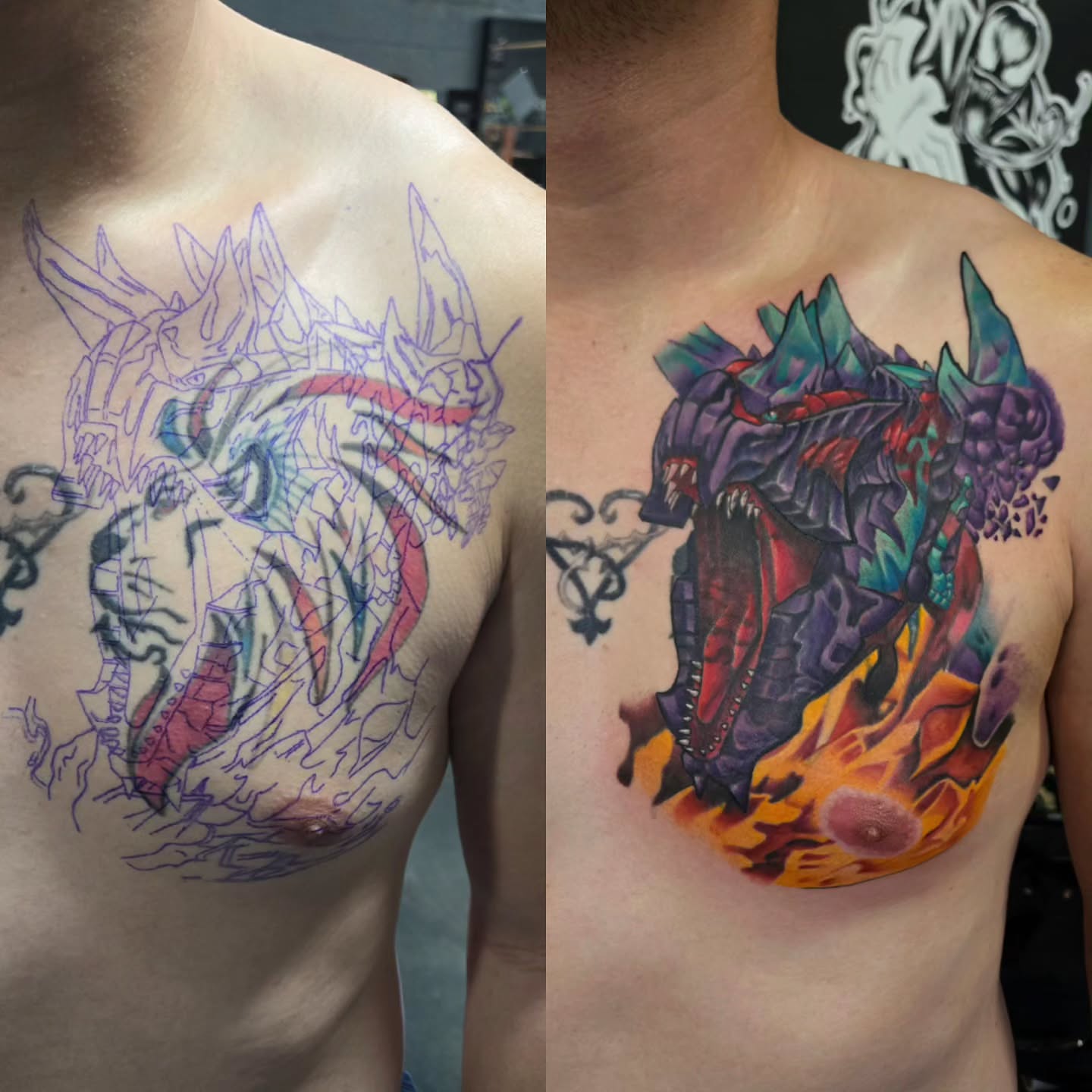 Dragon dark realism tattoo on the chest by Cee Vann, Greensboro, North Carolina
