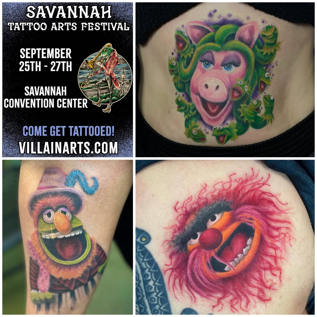 Pig with frogs realism tattoo on the torso by Loki Shane DeFriece