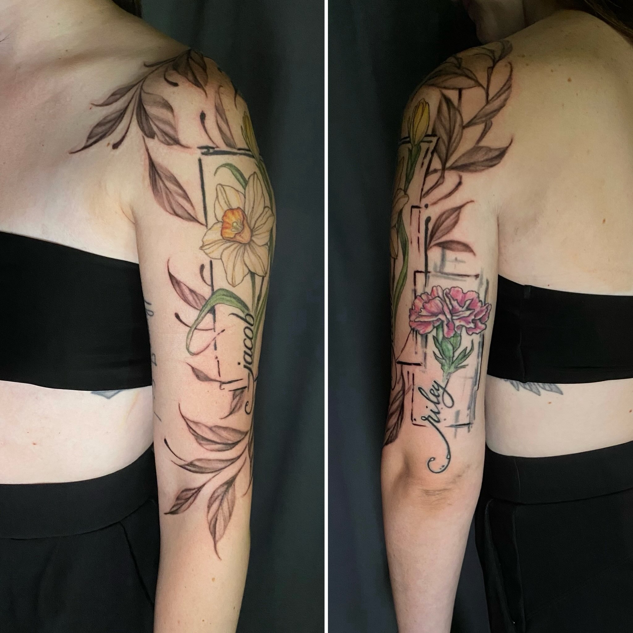 Floral arrangement fine line tattoo on the upper arm by Dana Jones