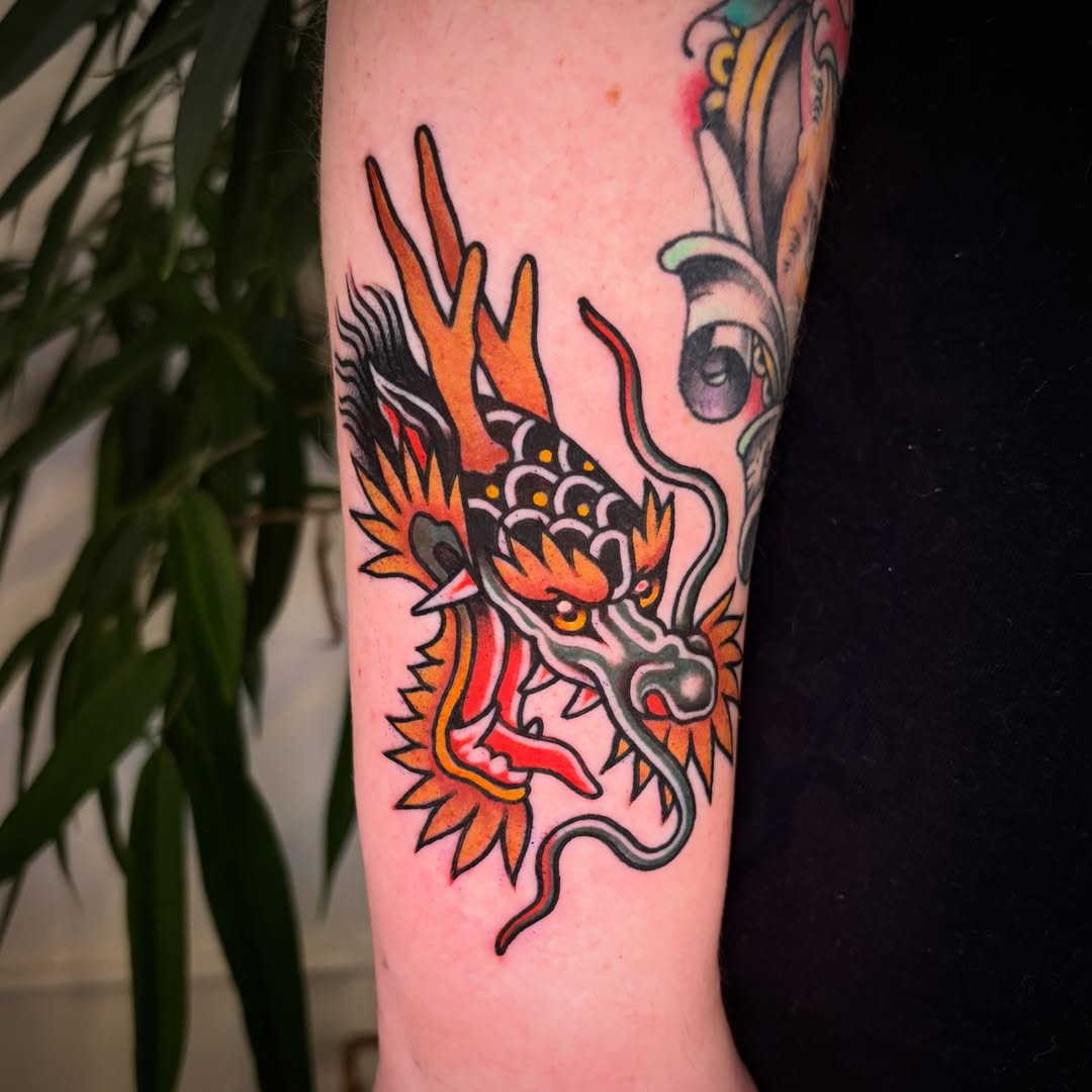 Dragon American traditional tattoo on the forearm by ๐ป๐๐๐ ๐ณ๐๐๐๐๐๐ ๐๐๐