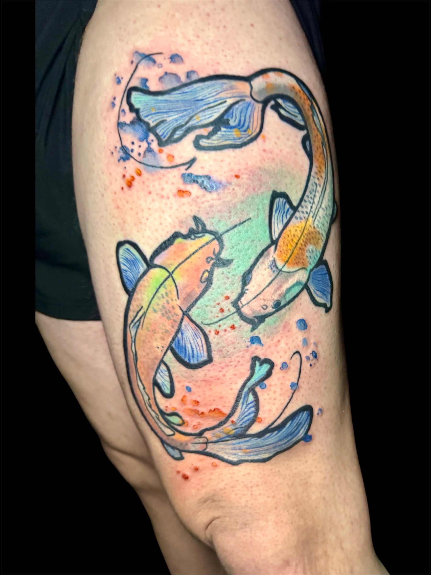 Koi fish watercolor tattoo on the thigh by Paula.p.tattoos