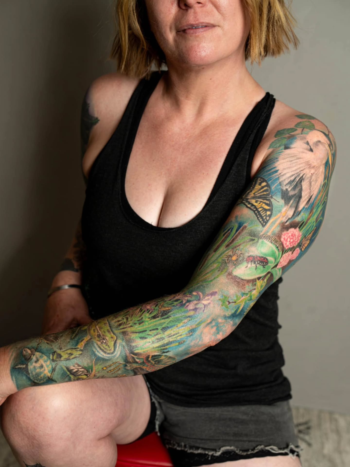 Forest scene dotwork tattoo on the upper arm by Heather