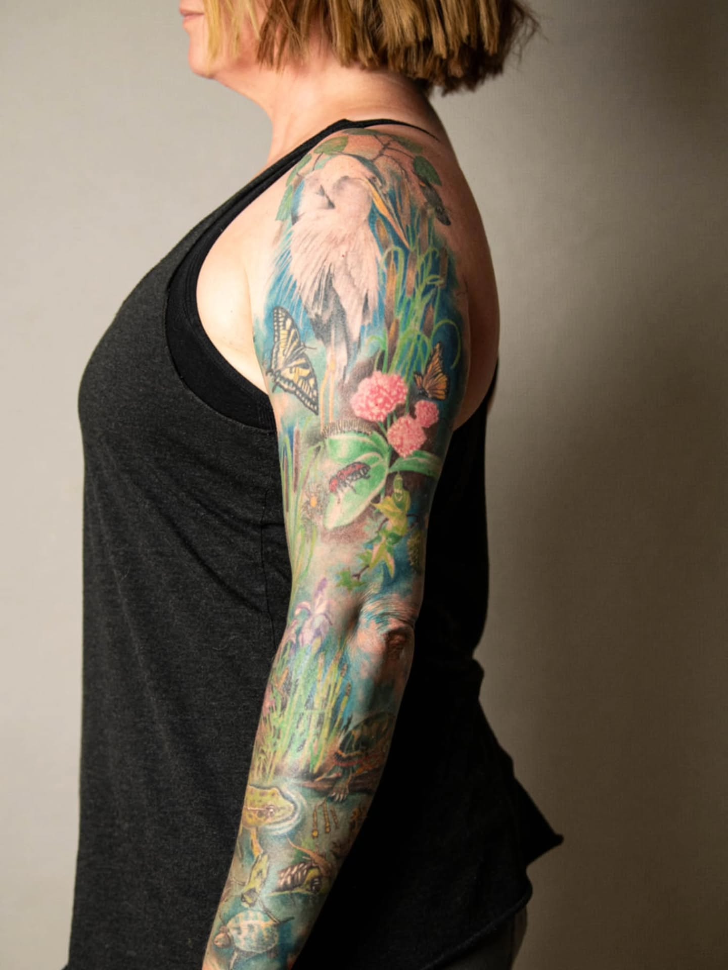 Forest scene realism tattoo on the upper arm by Heather