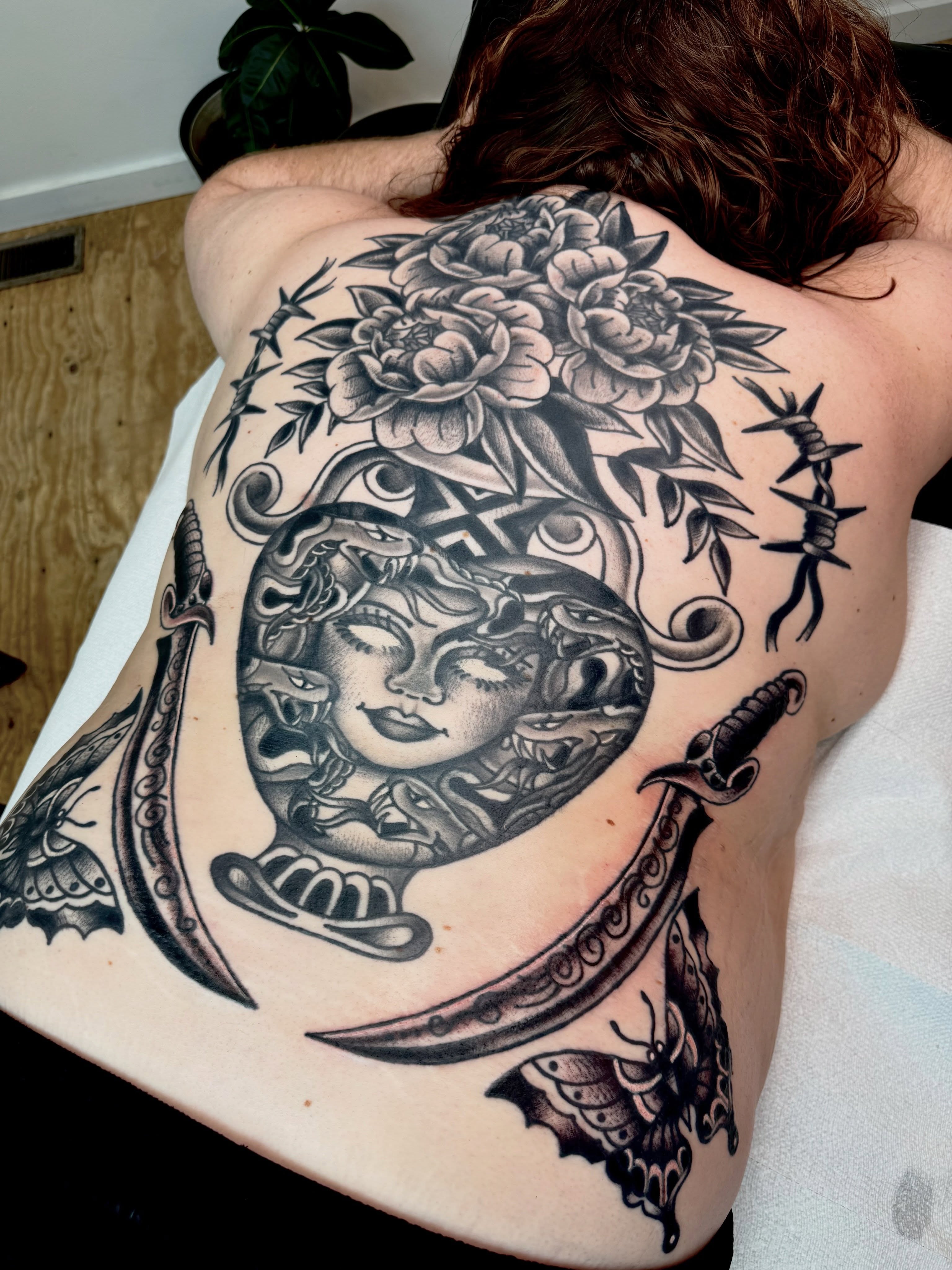 Moon and woman neo-traditional tattoo on the back by 🪩 Marisa Rae Mathews 🪩, McKees Rocks, Pennsylvania