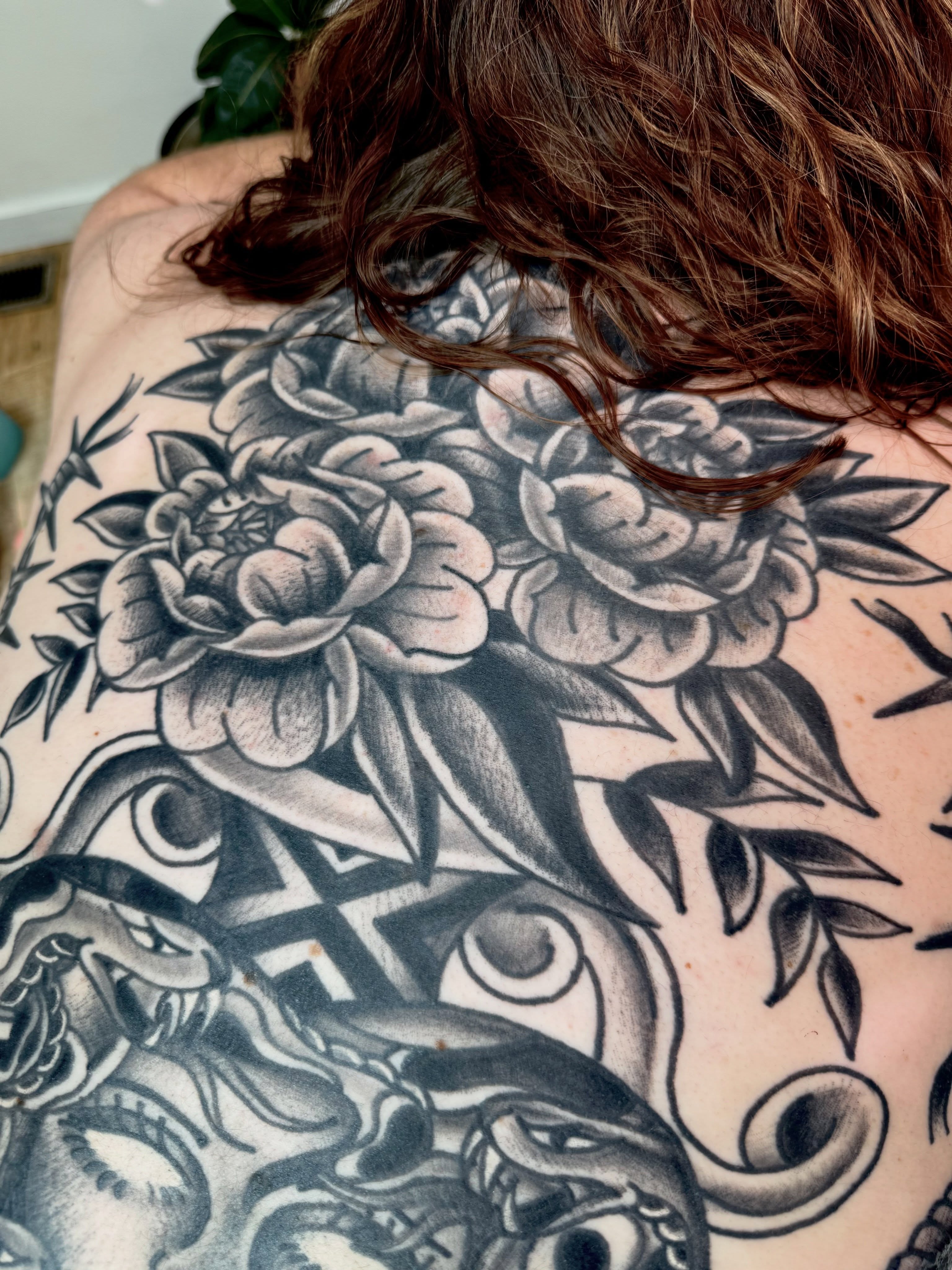 Peony and dragon American traditional tattoo on the back by 🪩 Marisa Rae Mathews 🪩, McKees Rocks, Pennsylvania