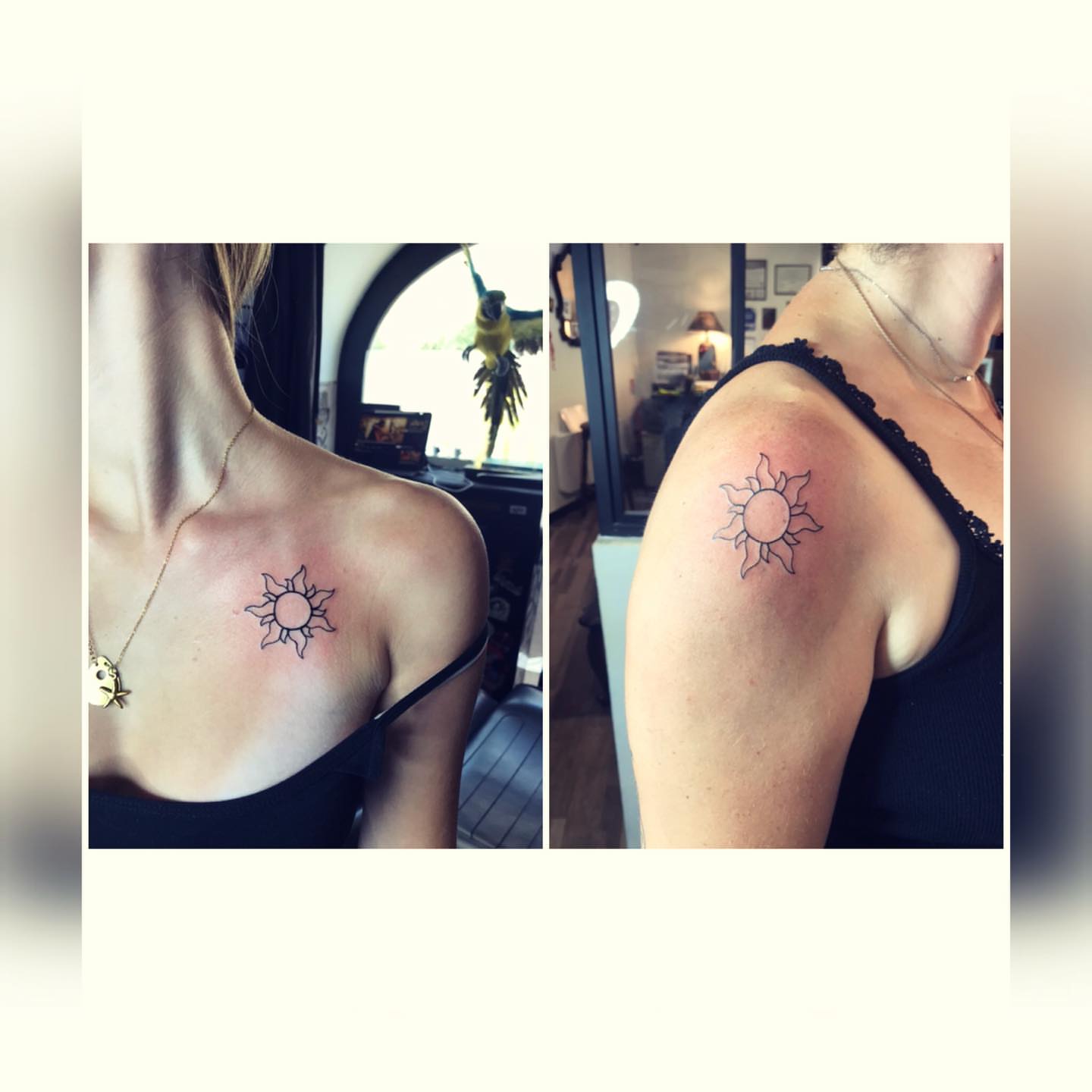 Sun geometric tattoo on the shoulder by Moss Quito Tattoo