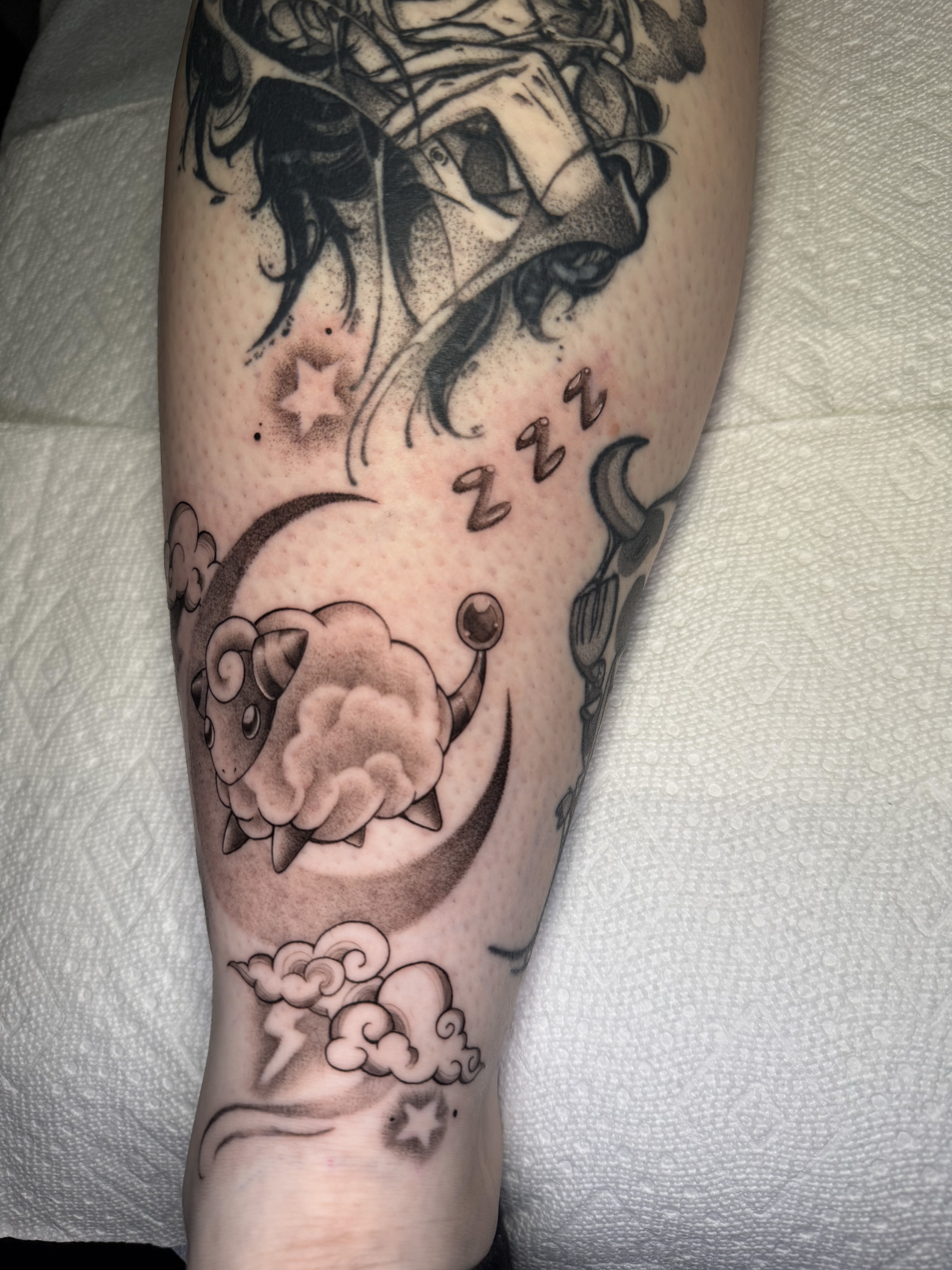 Sheep and crescent moon dotwork tattoo on the forearm by 𝕹𝖆𝖙