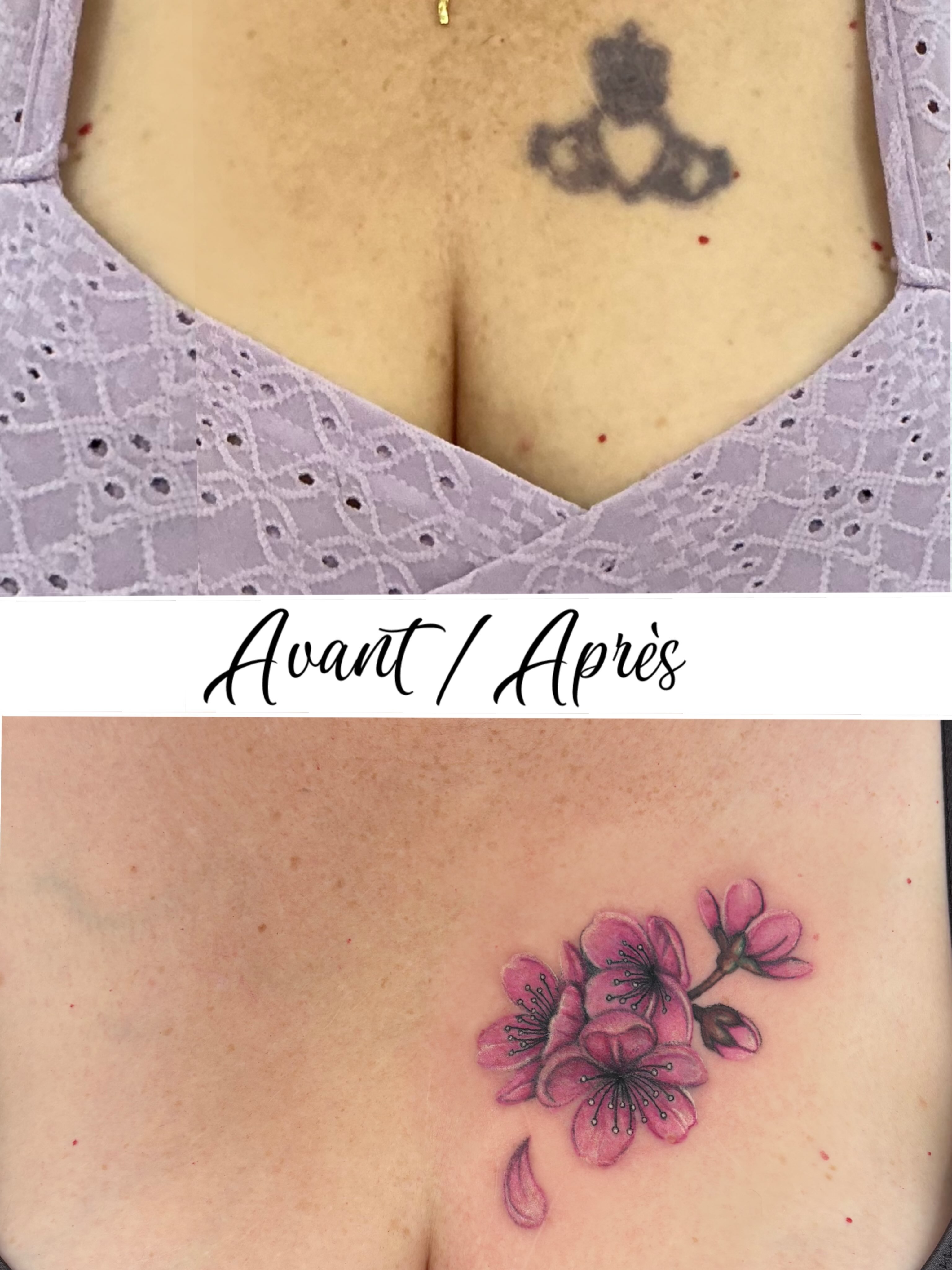 Cherry blossoms realism tattoo on the chest by Deborah