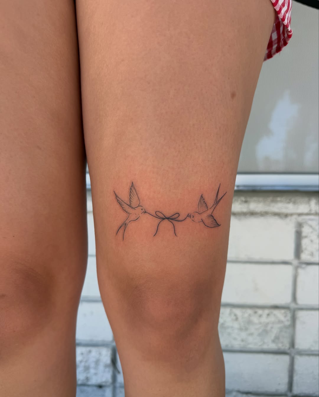 Birds fine line tattoo on the thigh by : *✧･ﾟ:* camryn  *:･ﾟ✧:
