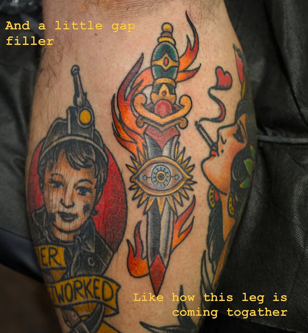 Portrait and dreamcatcher American traditional tattoo on the leg by Chris Cockrill