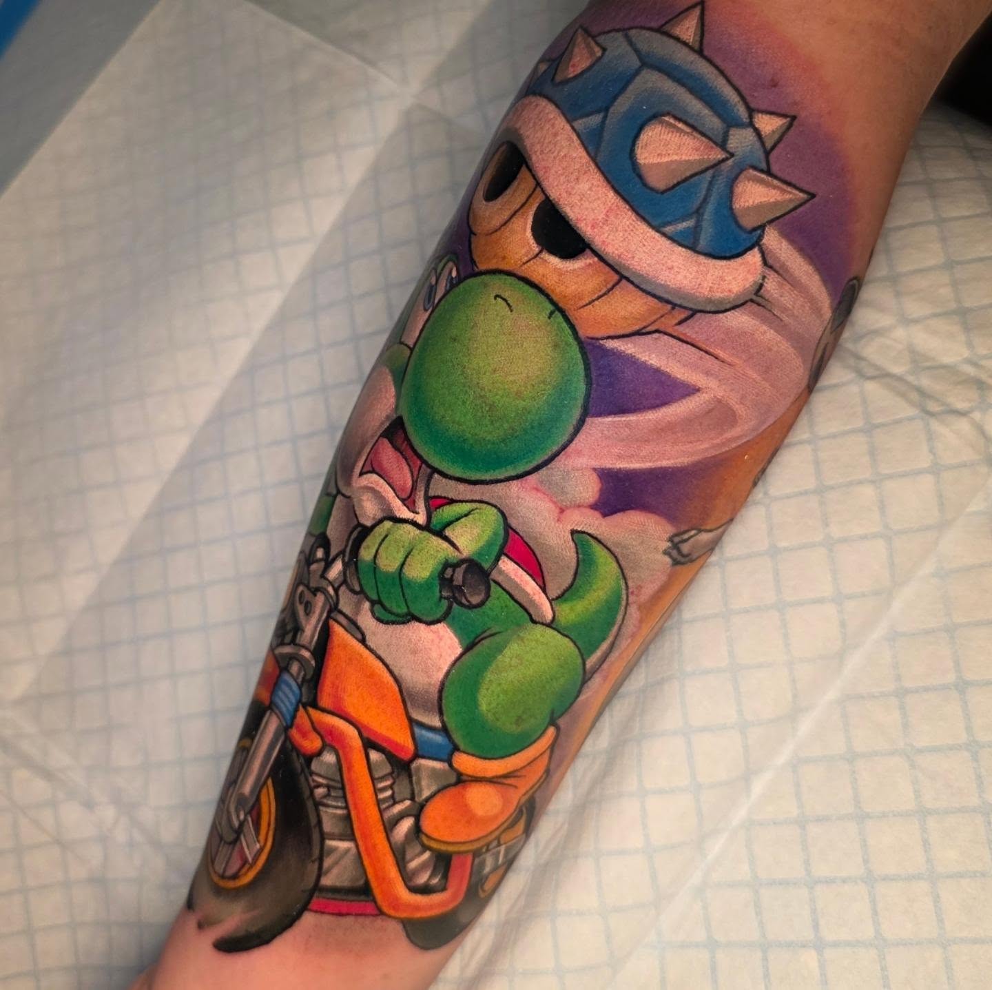 Yoshi motorcycle new school tattoo on the forearm by coryhandtattoos, Maryville, Tennessee