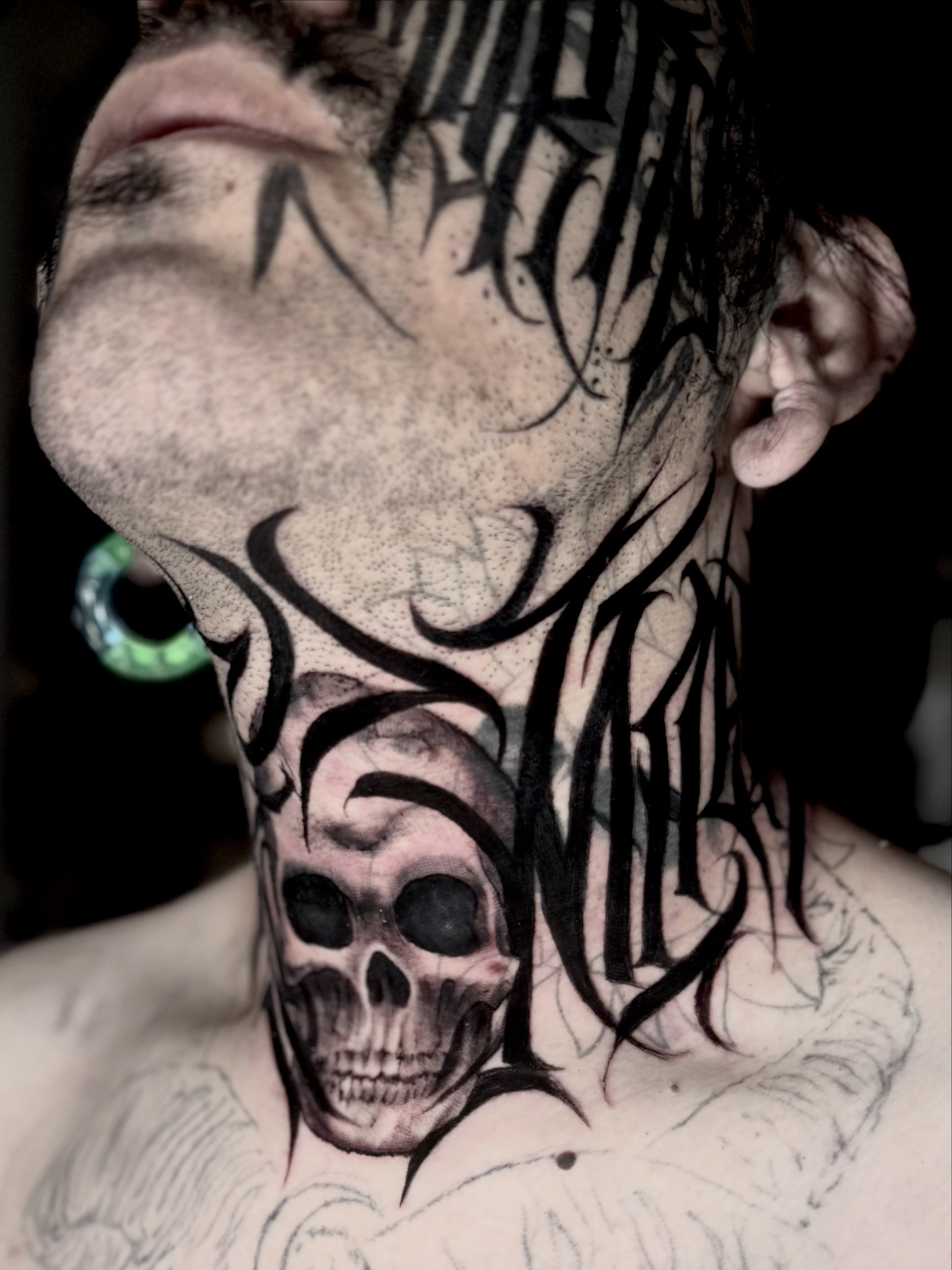 Skull realism tattoo on the neck by Wiser Oner- Salt Lake City Tattoo Artist, Salt Lake City, Utah