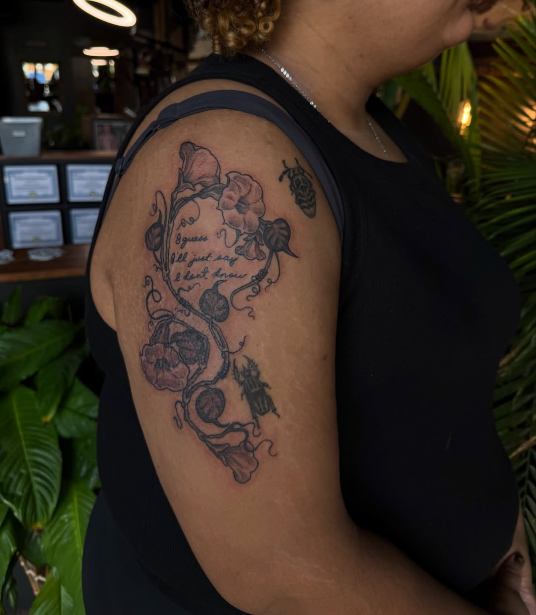Flower vine black and grey tattoo on the shoulder by Cort Prescott 🕸 OKC Tattoo Artist, Oklahoma City, Oklahoma