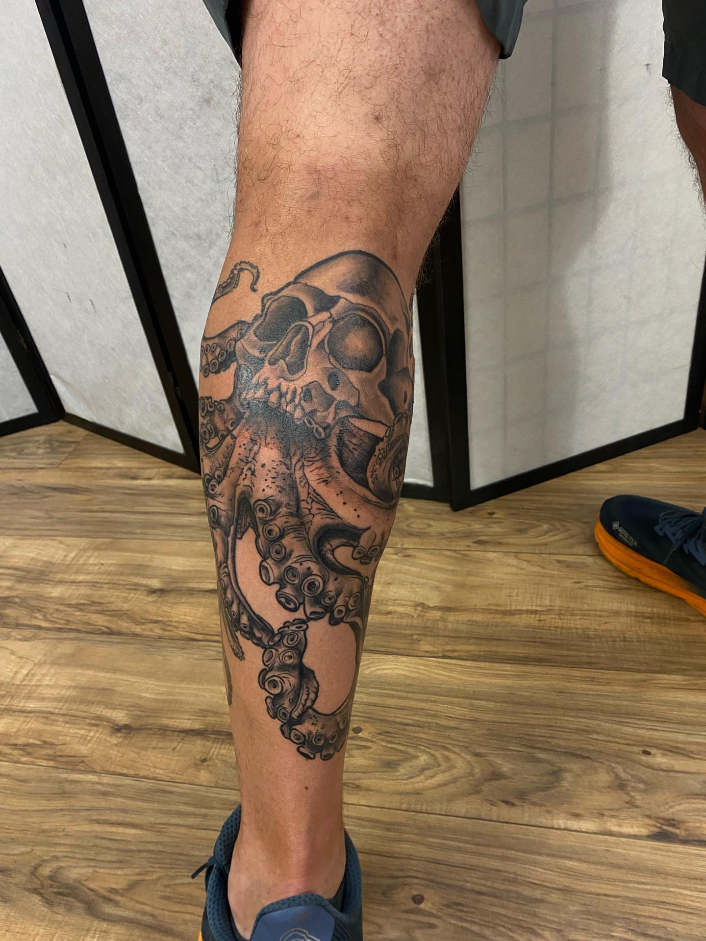 Skull and octopus realism tattoo on the calf by Alexandra Carroll ♡